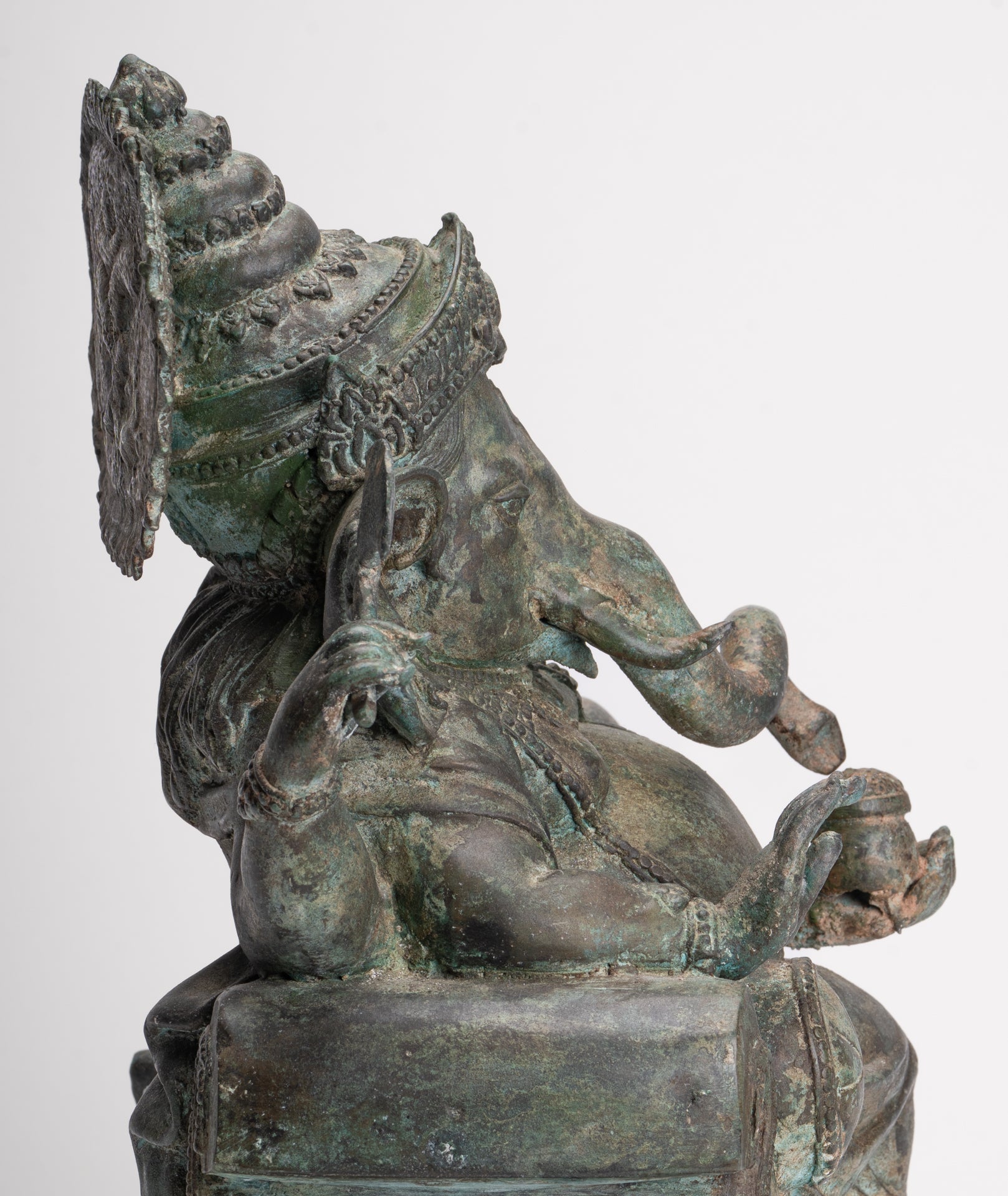 Ganesh - Antique Thai Style Bronze Reclining Ganesha Statue w/Mouse - 41cm/16"