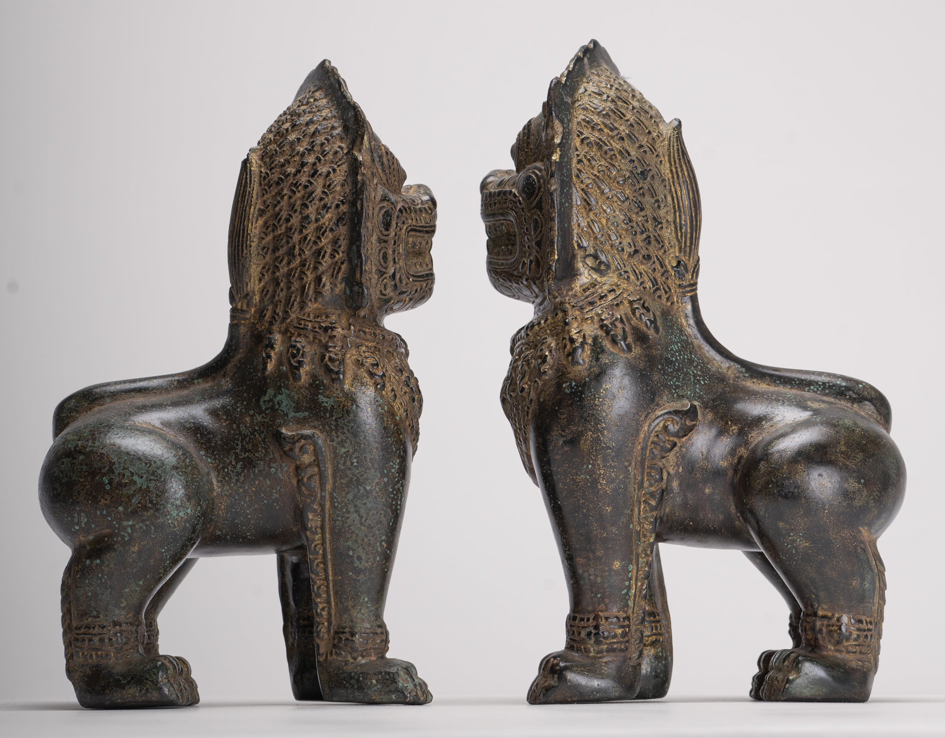 Temple Lions - Antique Khmer Style Bronze Standing Temple Guardian or Lions (Pair) - 22cm/9"