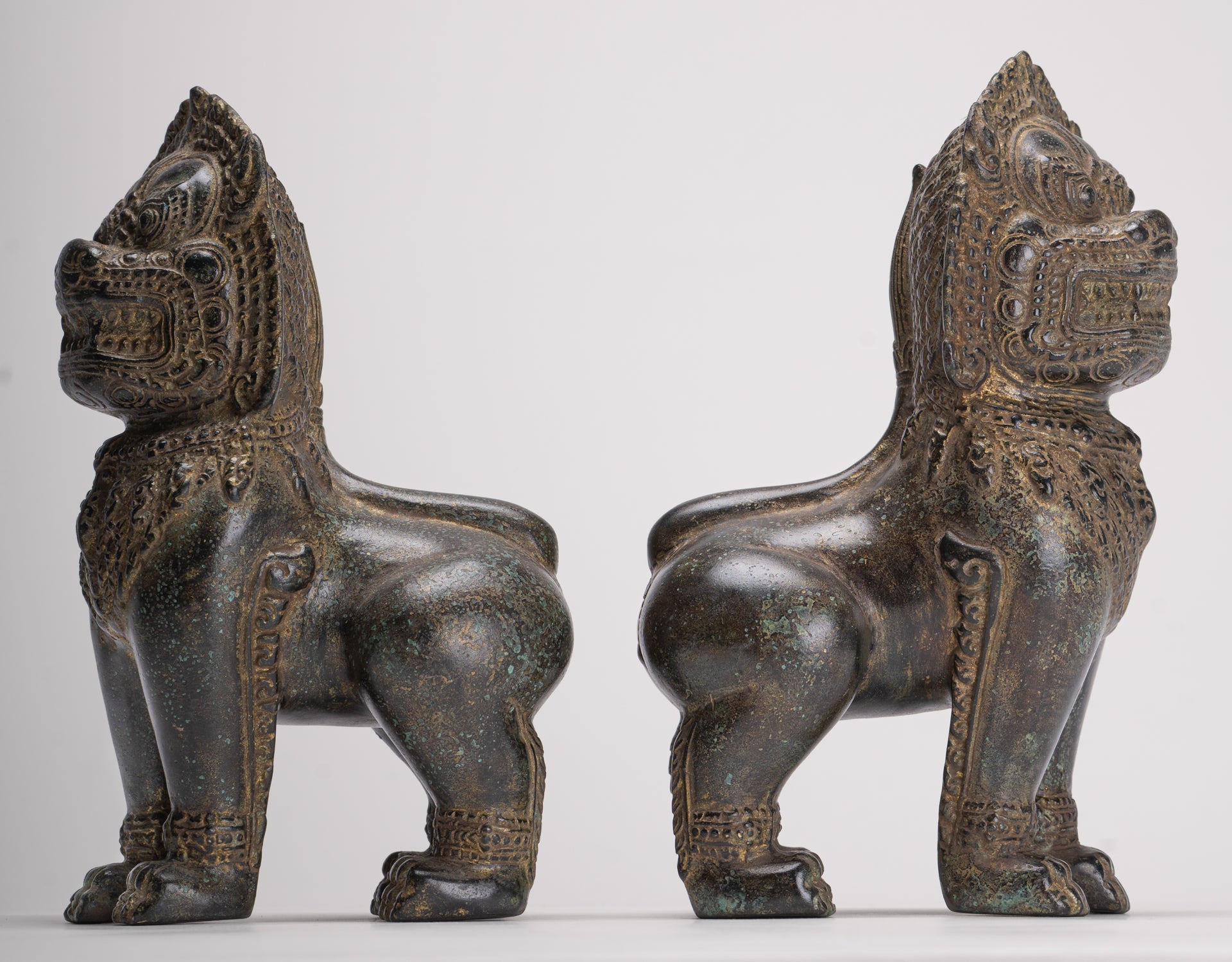 Temple Lions - Antique Khmer Style Bronze Standing Temple Guardian or Lions (Pair) - 22cm/9"