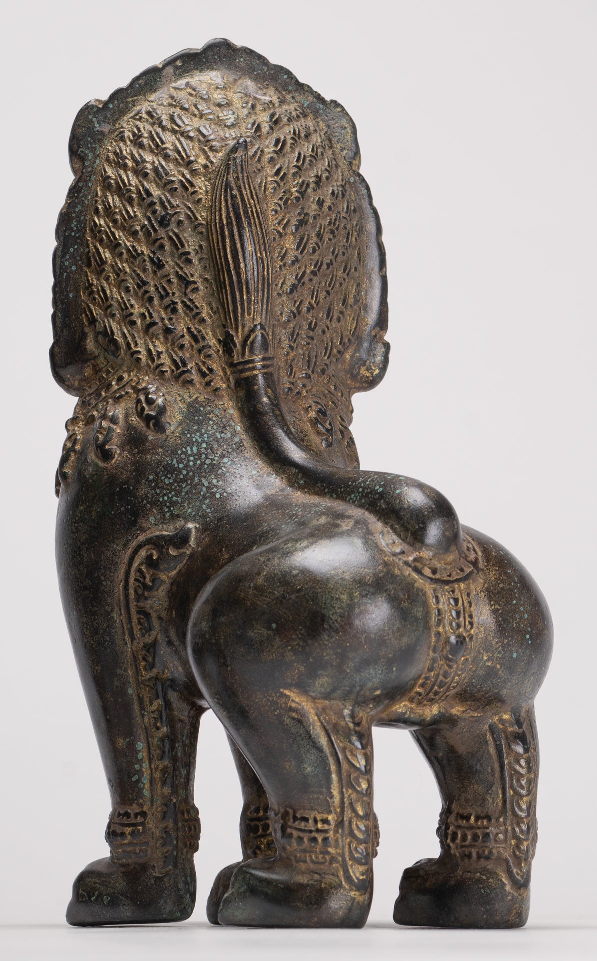 Temple Lions - Antique Khmer Style Bronze Standing Temple Guardian or Lions (Pair) - 22cm/9"