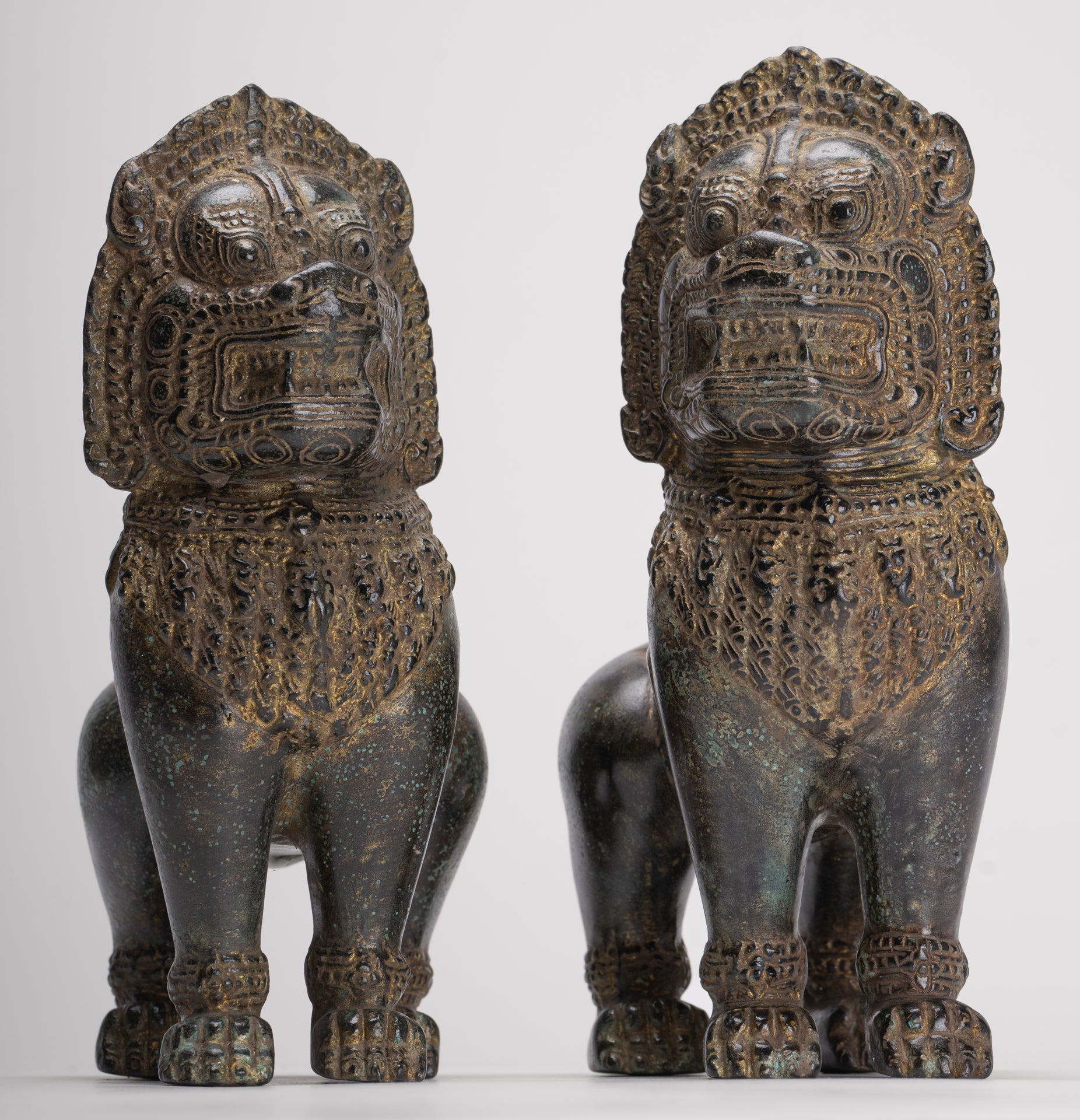 Temple Lions - Antique Khmer Style Bronze Standing Temple Guardian or Lions (Pair) - 22cm/9"