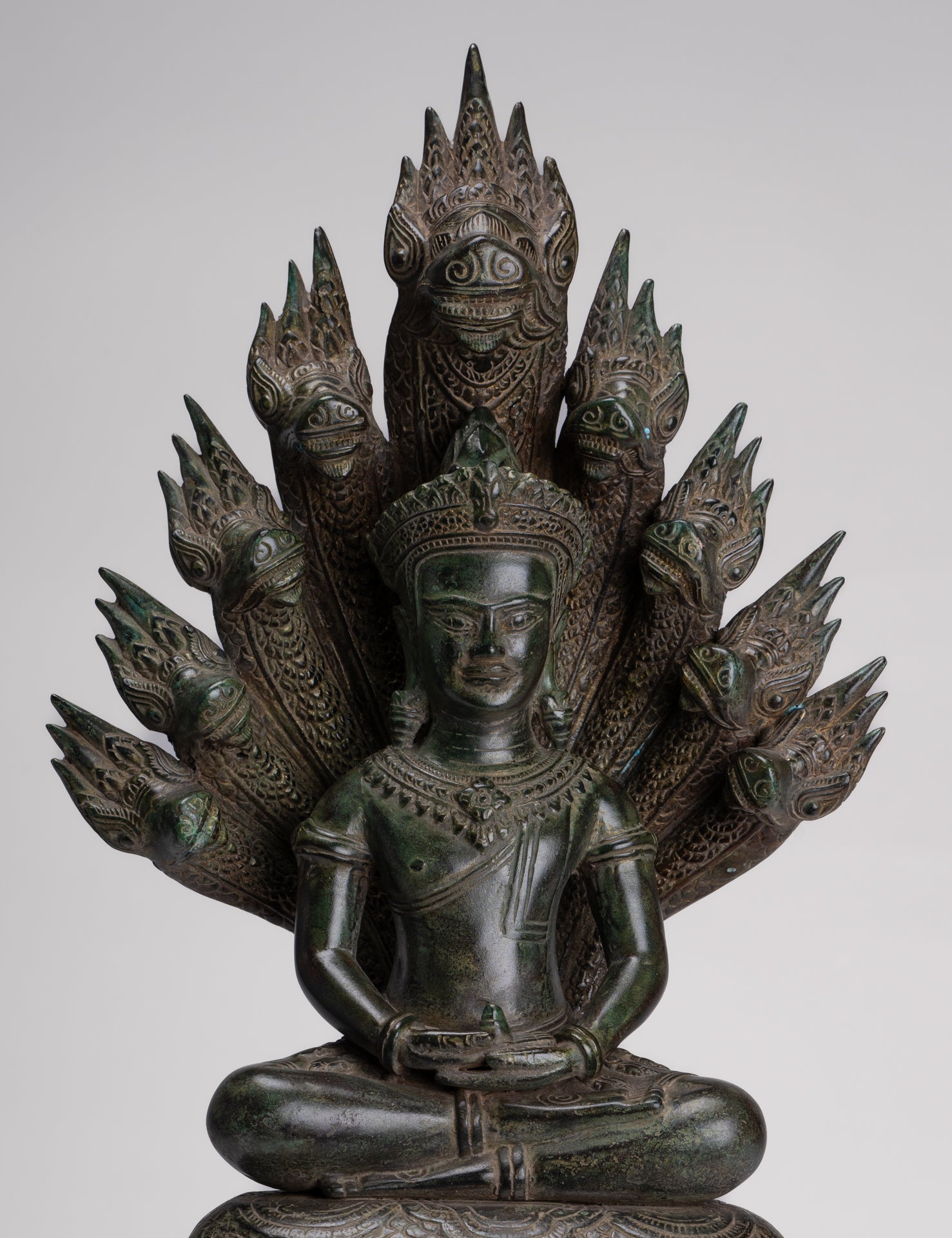 Large Buddha Statue - Antique Bayon Style Khmer Seated Bronze Naga Meditation Buddha - 53cm/21"