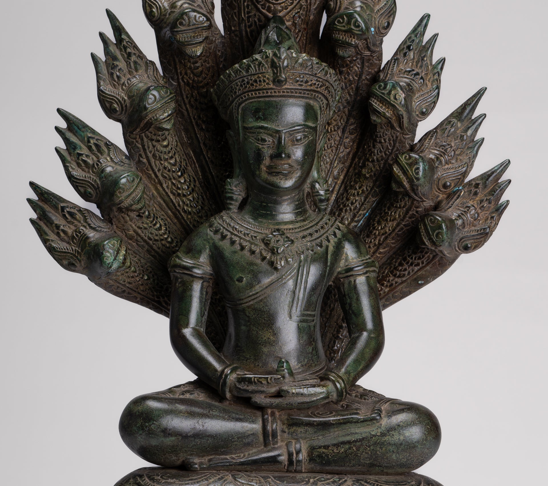 Large Buddha Statue - Antique Bayon Style Khmer Seated Bronze Naga Meditation Buddha - 53cm/21"