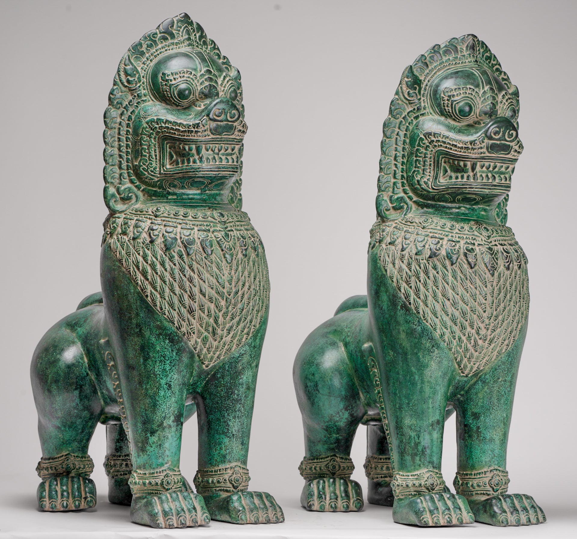 Temple Lions - Antique Khmer Style Bronze Temple Guardians or Lions (Pair) - 72cm/29"