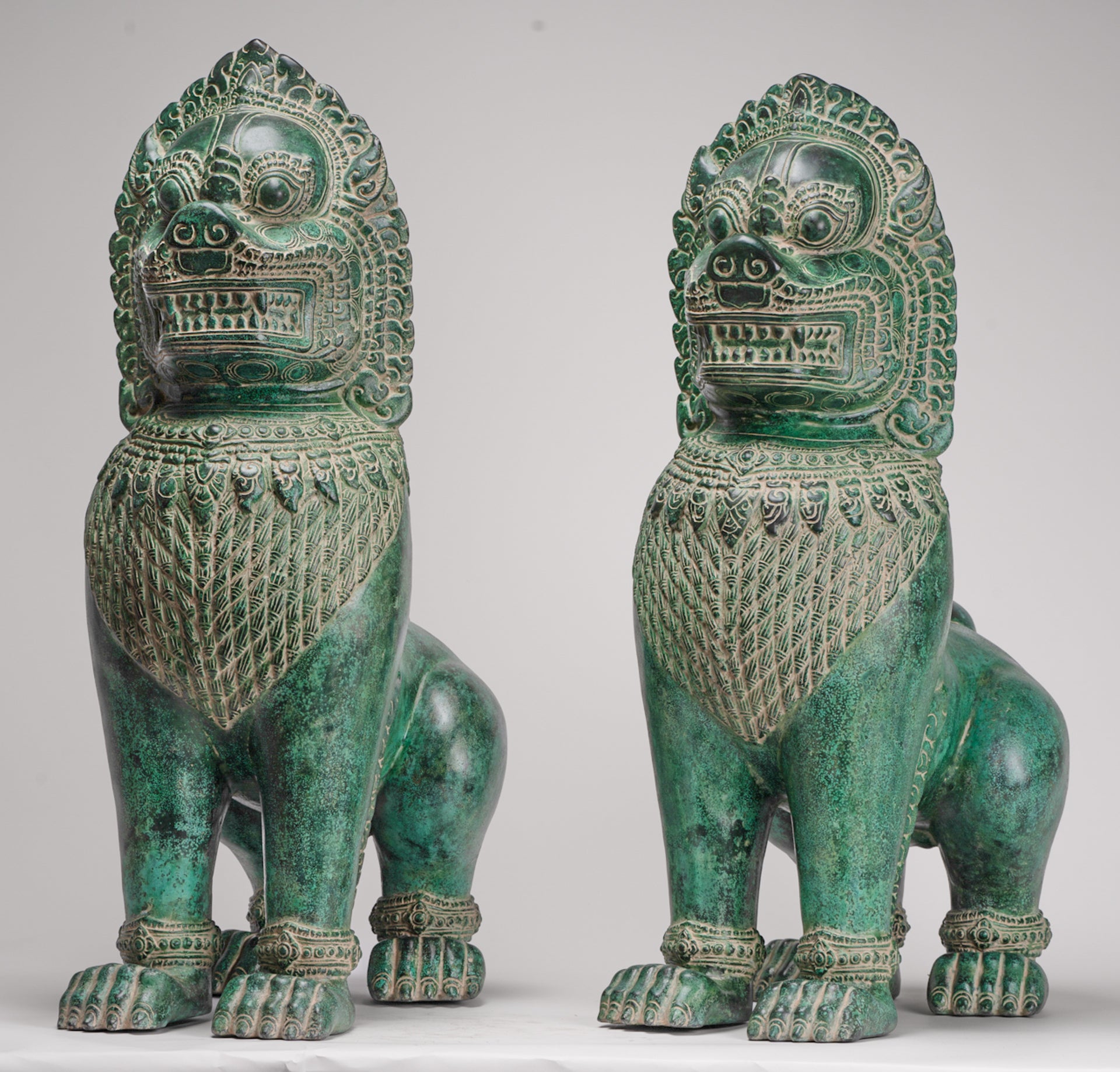 Temple Lions - Antique Khmer Style Bronze Temple Guardians or Lions (Pair) - 72cm/29"