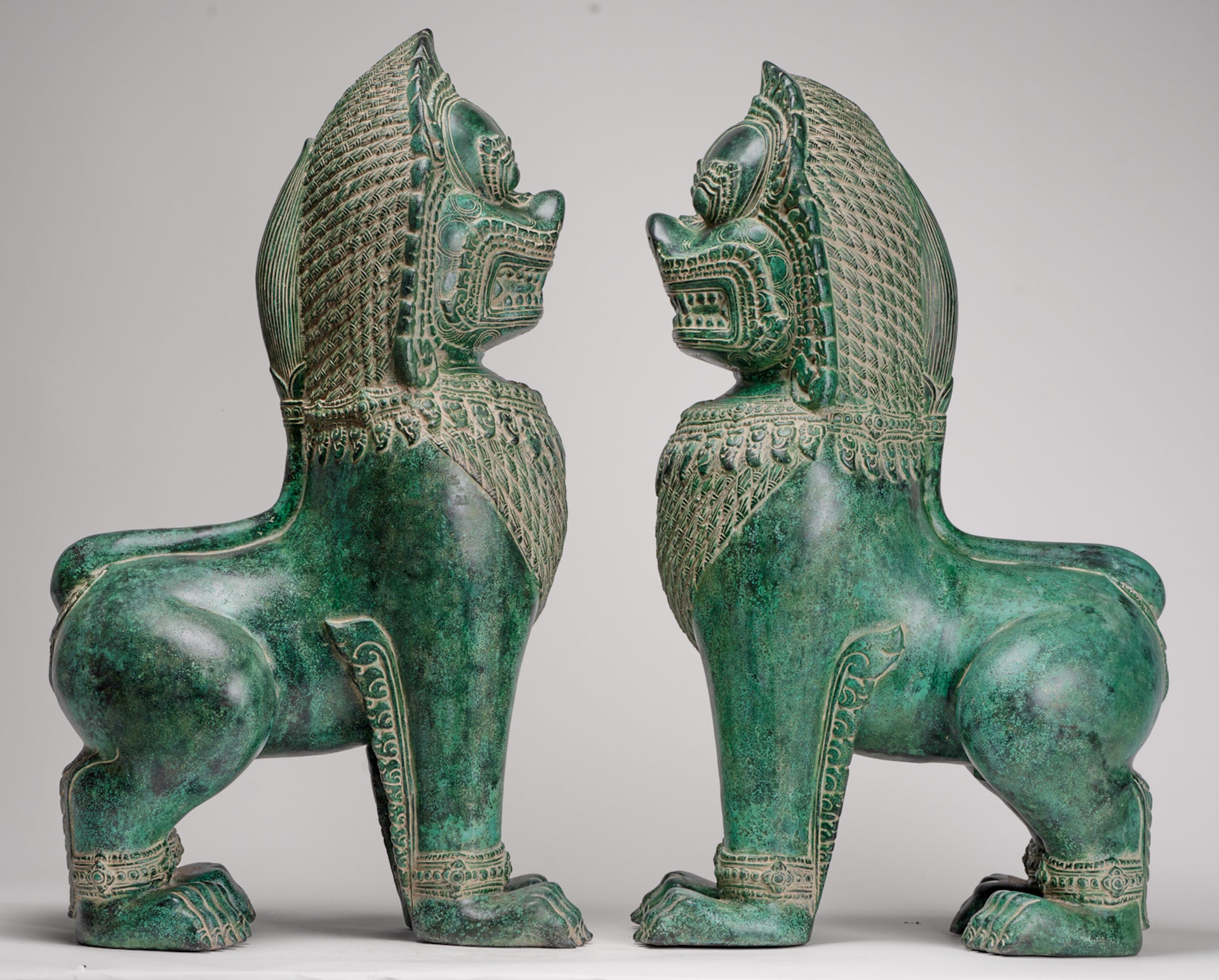 Temple Lions - Antique Khmer Style Bronze Temple Guardians or Lions (Pair) - 72cm/29"