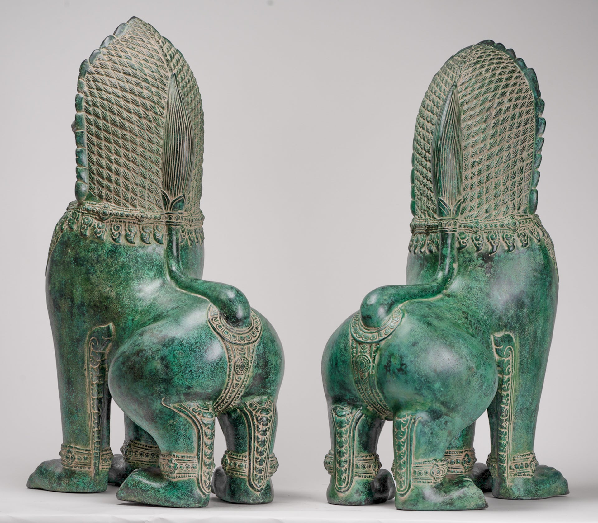 Temple Lions - Antique Khmer Style Bronze Temple Guardians or Lions (Pair) - 72cm/29"