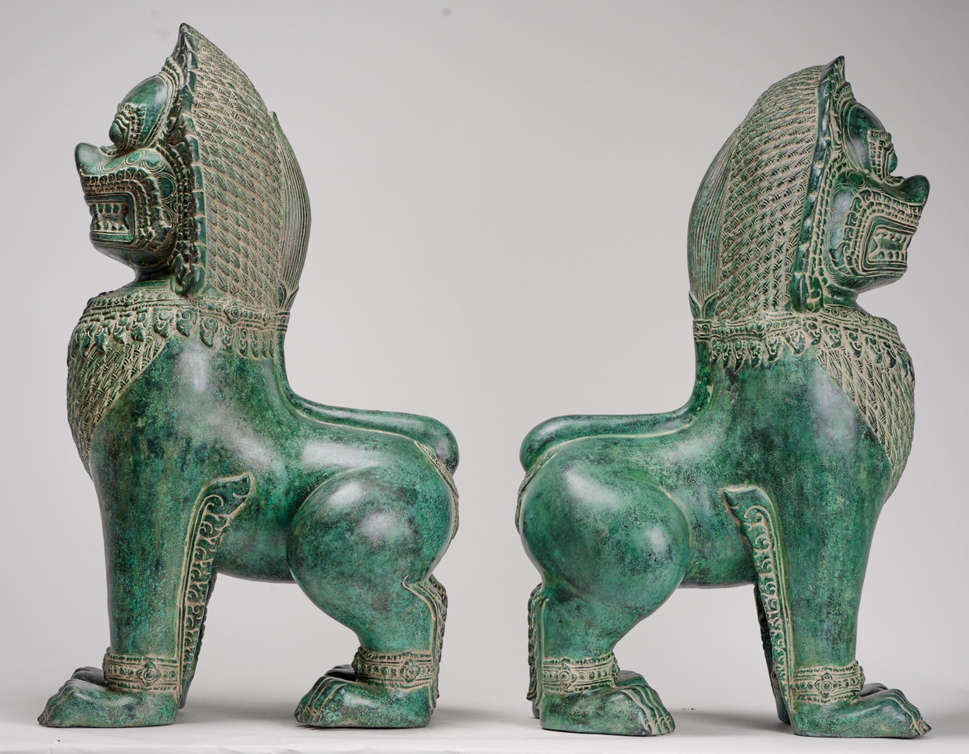 Temple Lions - Antique Khmer Style Bronze Temple Guardians or Lions (Pair) - 72cm/29"