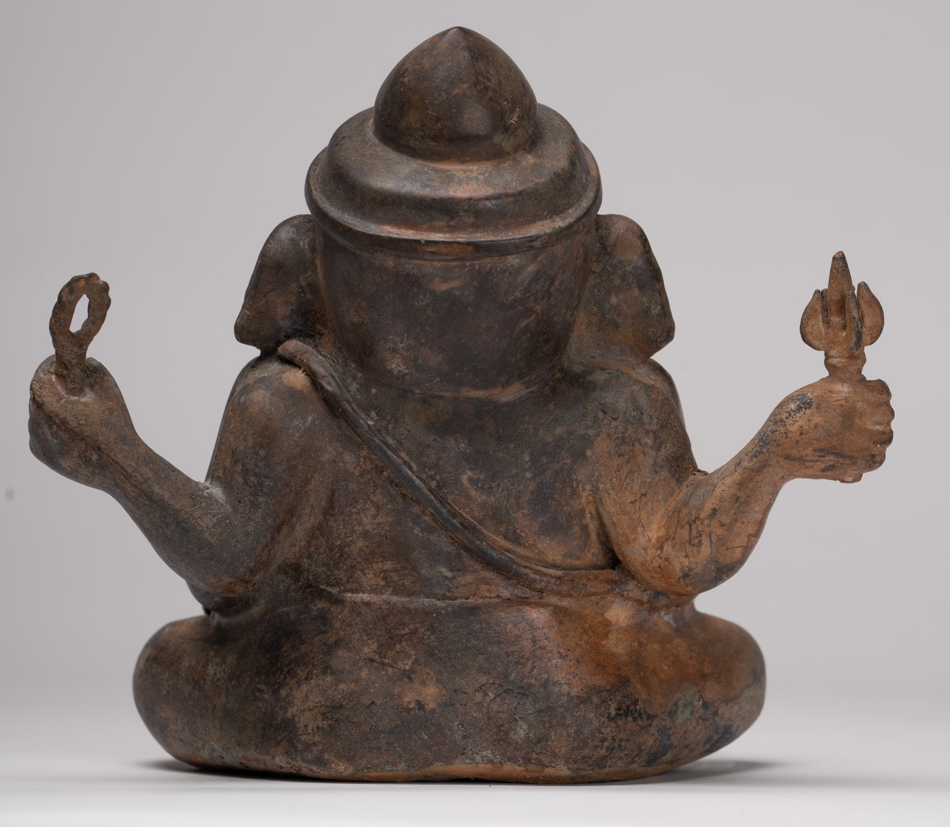 Ganesha Statue - Antique Thai Style Bronze Seated 4-Arm Ganesha Statue - 16cm/6"