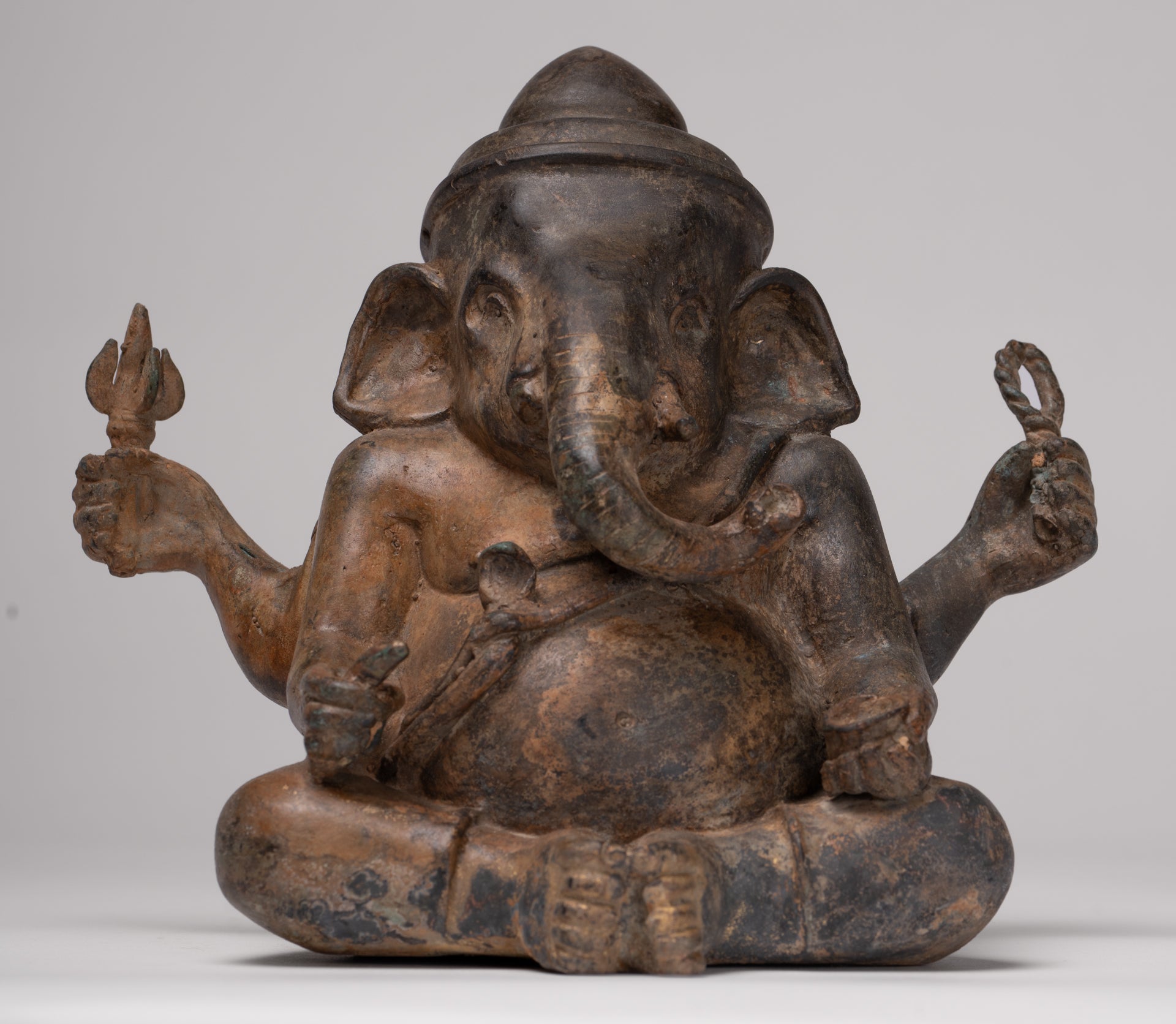 Ganesha Statue - Antique Thai Style Bronze Seated 4-Arm Ganesha Statue - 16cm/6"