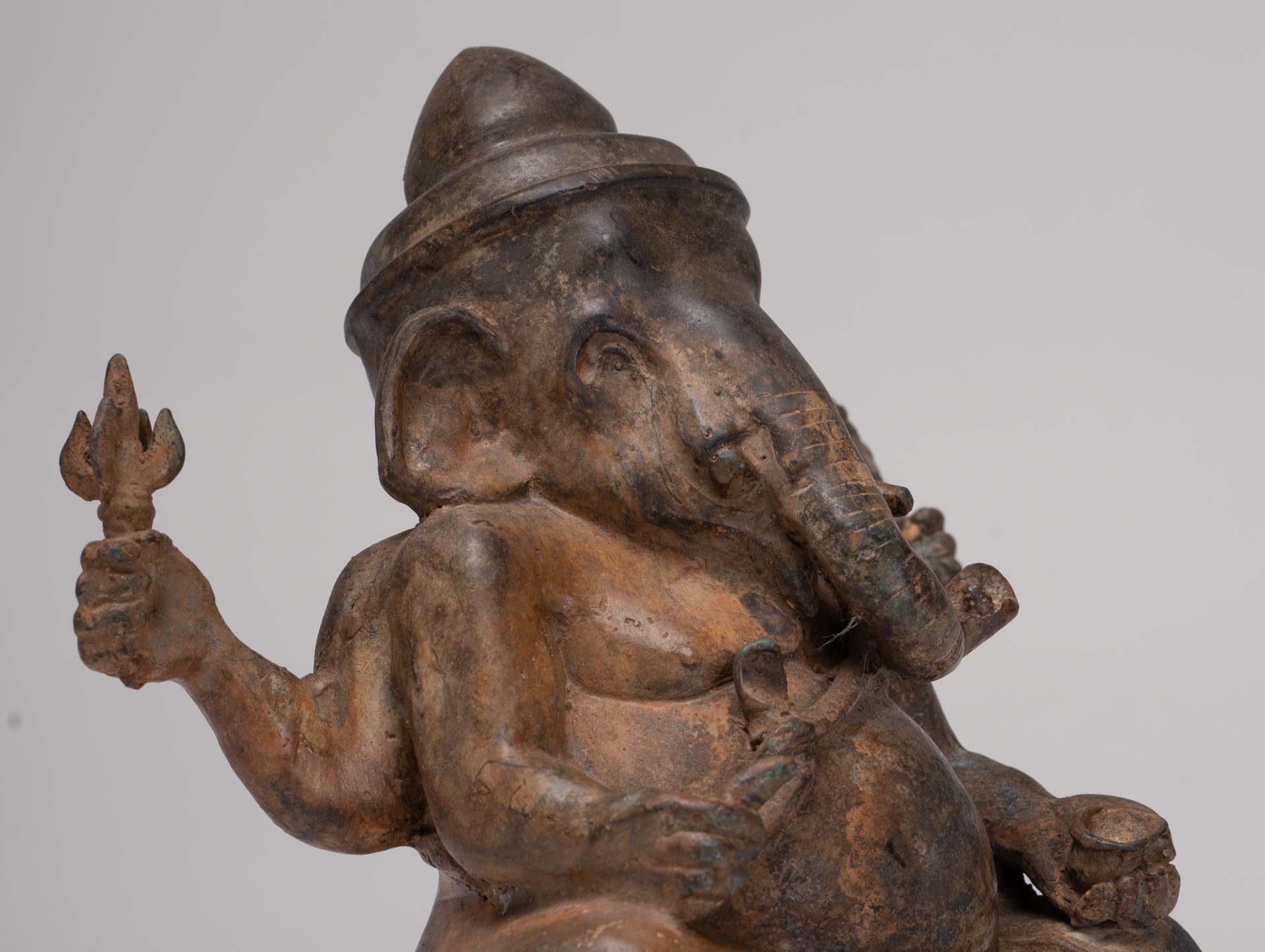 Ganesha Statue - Antique Thai Style Bronze Seated 4-Arm Ganesha Statue - 16cm/6"