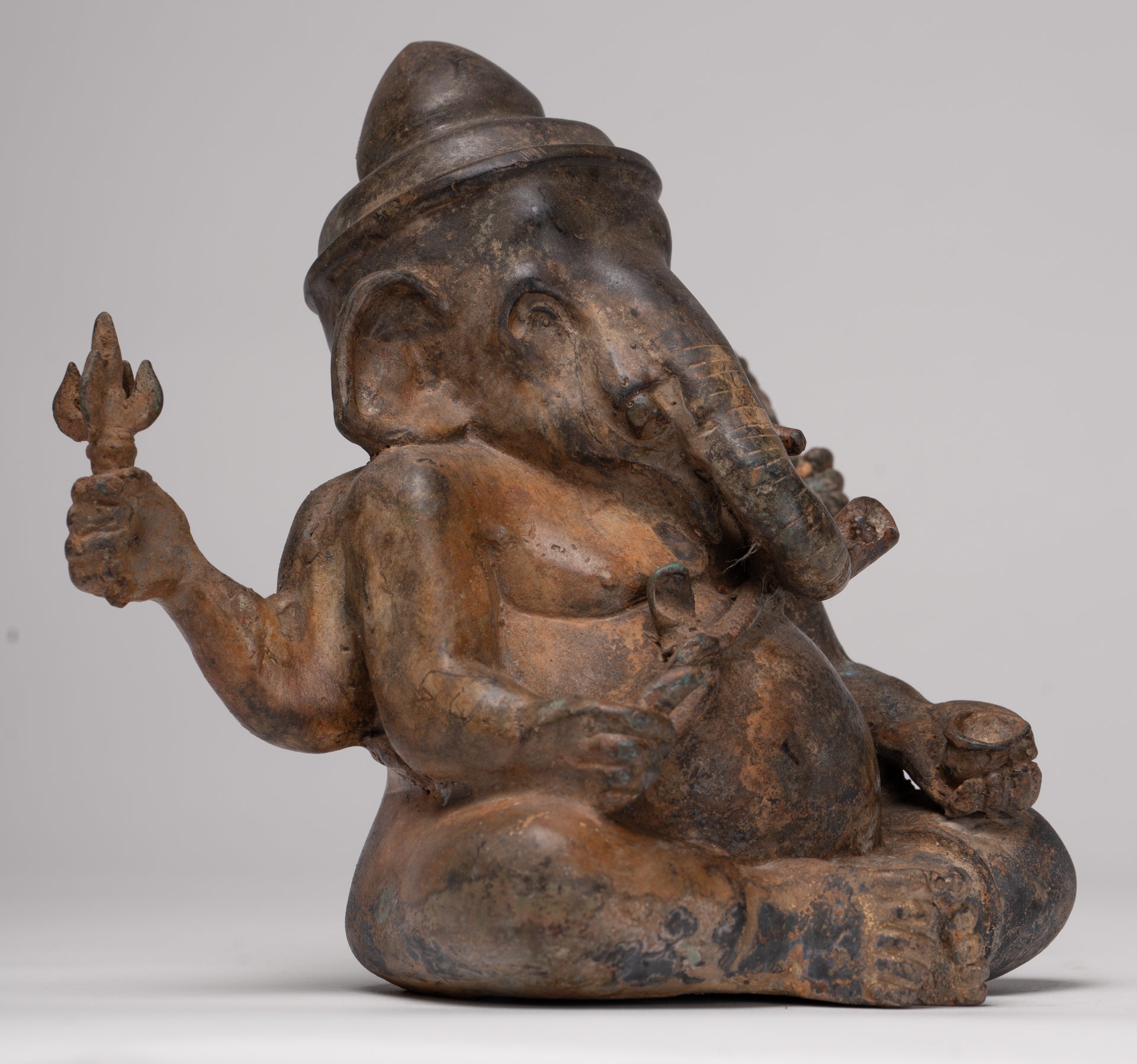 Ganesha Statue - Antique Thai Style Bronze Seated 4-Arm Ganesha Statue - 16cm/6"