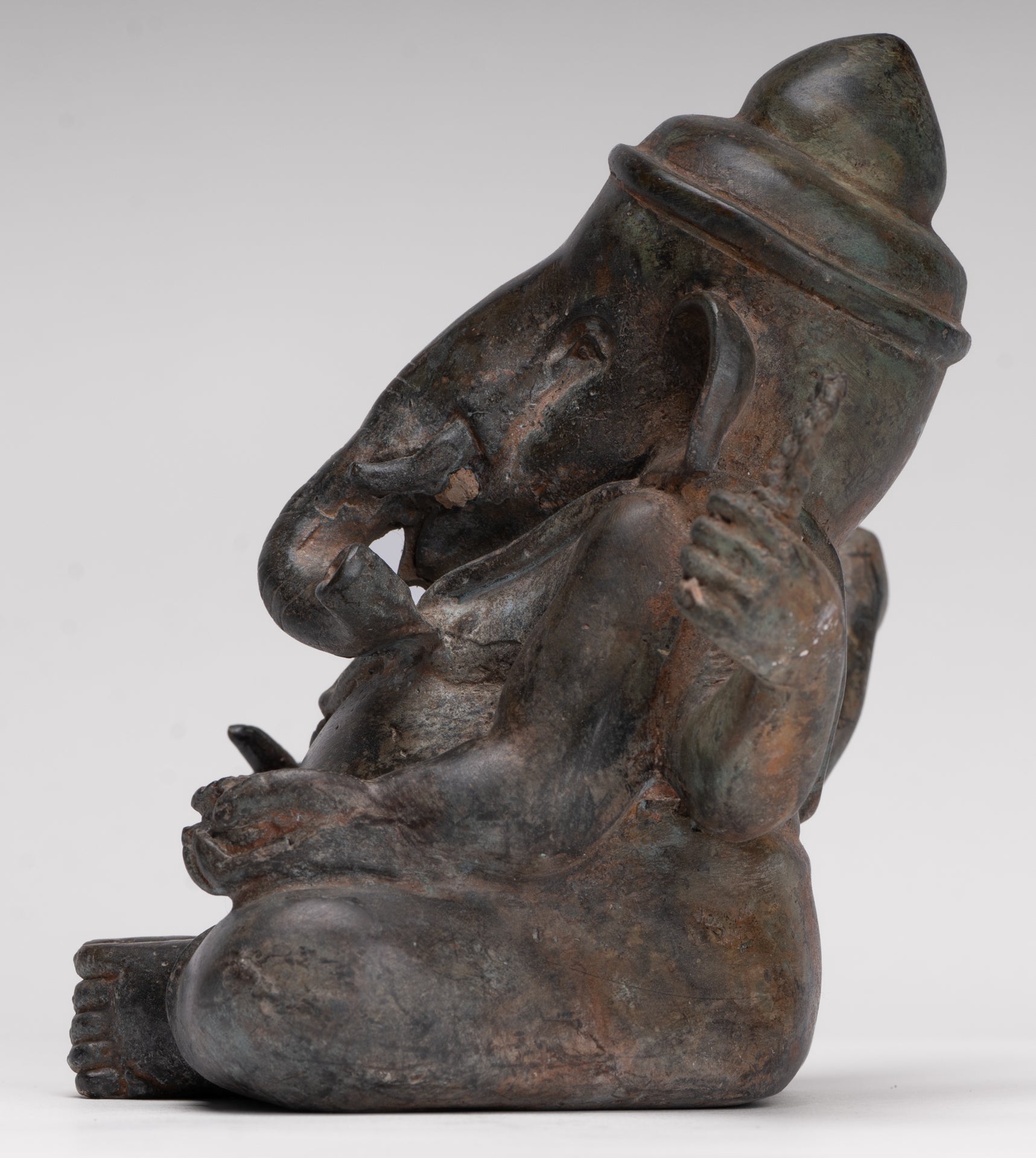 Ganesha Statue - Antique Thai Style Bronze Seated 4-Arm Ganesha Statue - 18cm/7"