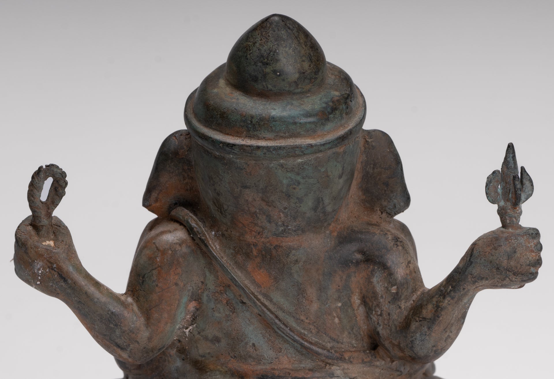 Ganesha Statue - Antique Thai Style Bronze Seated 4-Arm Ganesha Statue - 18cm/7"