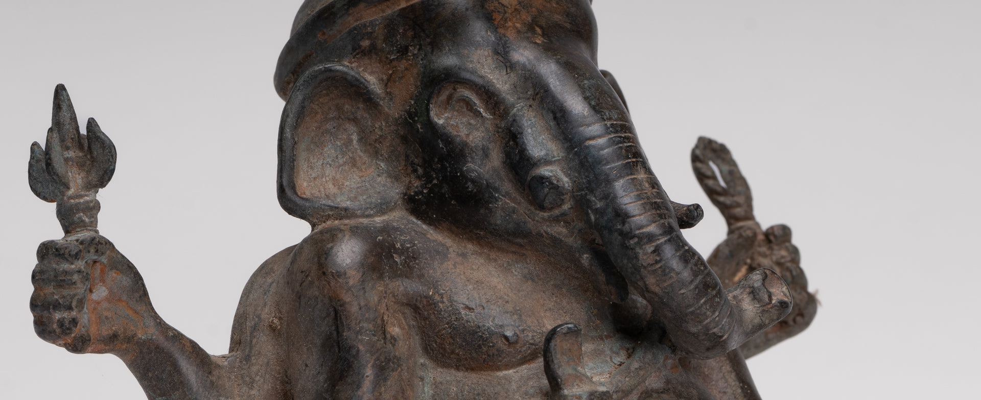 Ganesha Statue - Antique Thai Style Bronze Seated 4-Arm Ganesha Statue - 18cm/7"