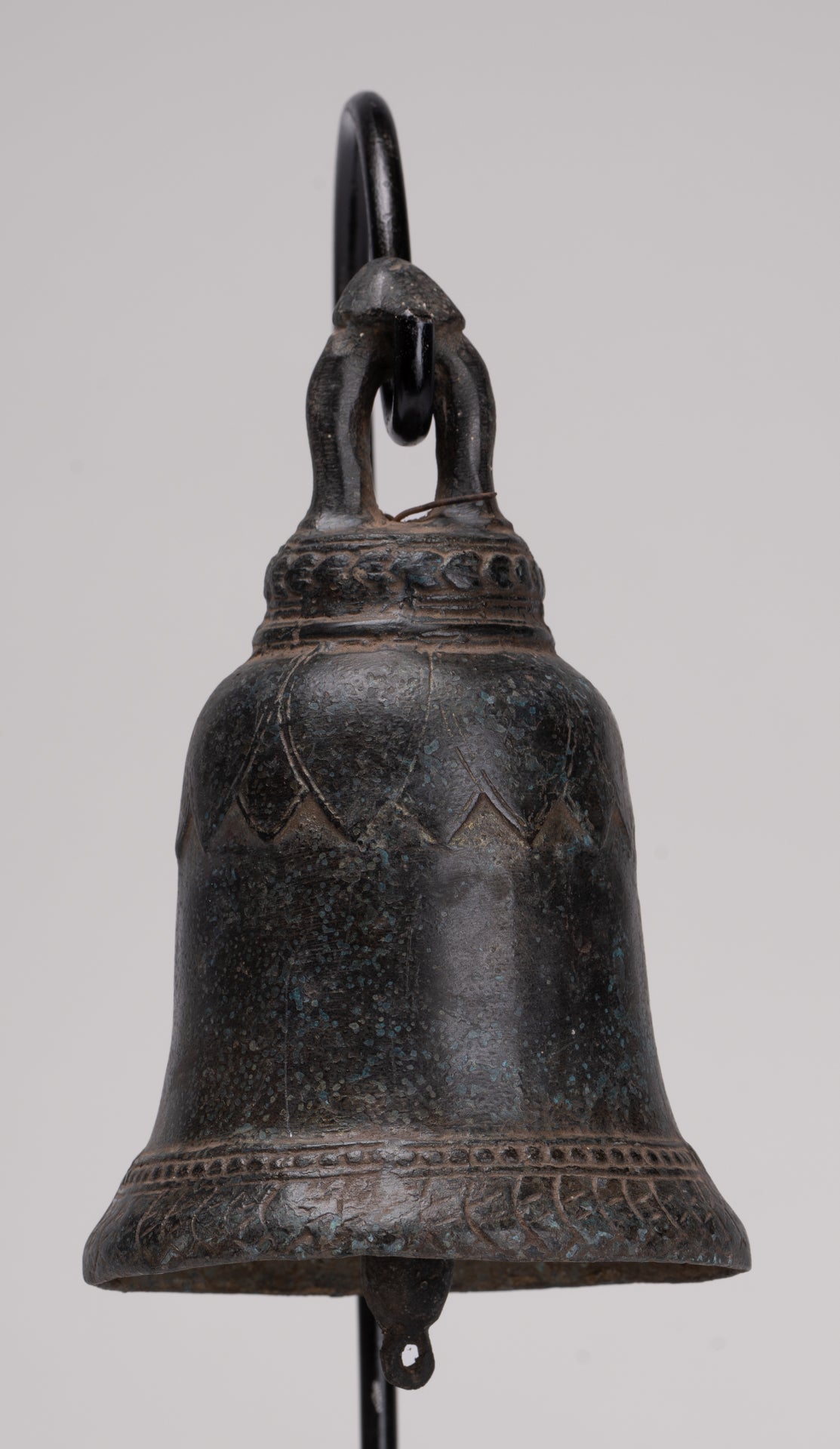 Antique Khmer Style Bronze Mounted Lotus Flower Bell - 29cm/12"