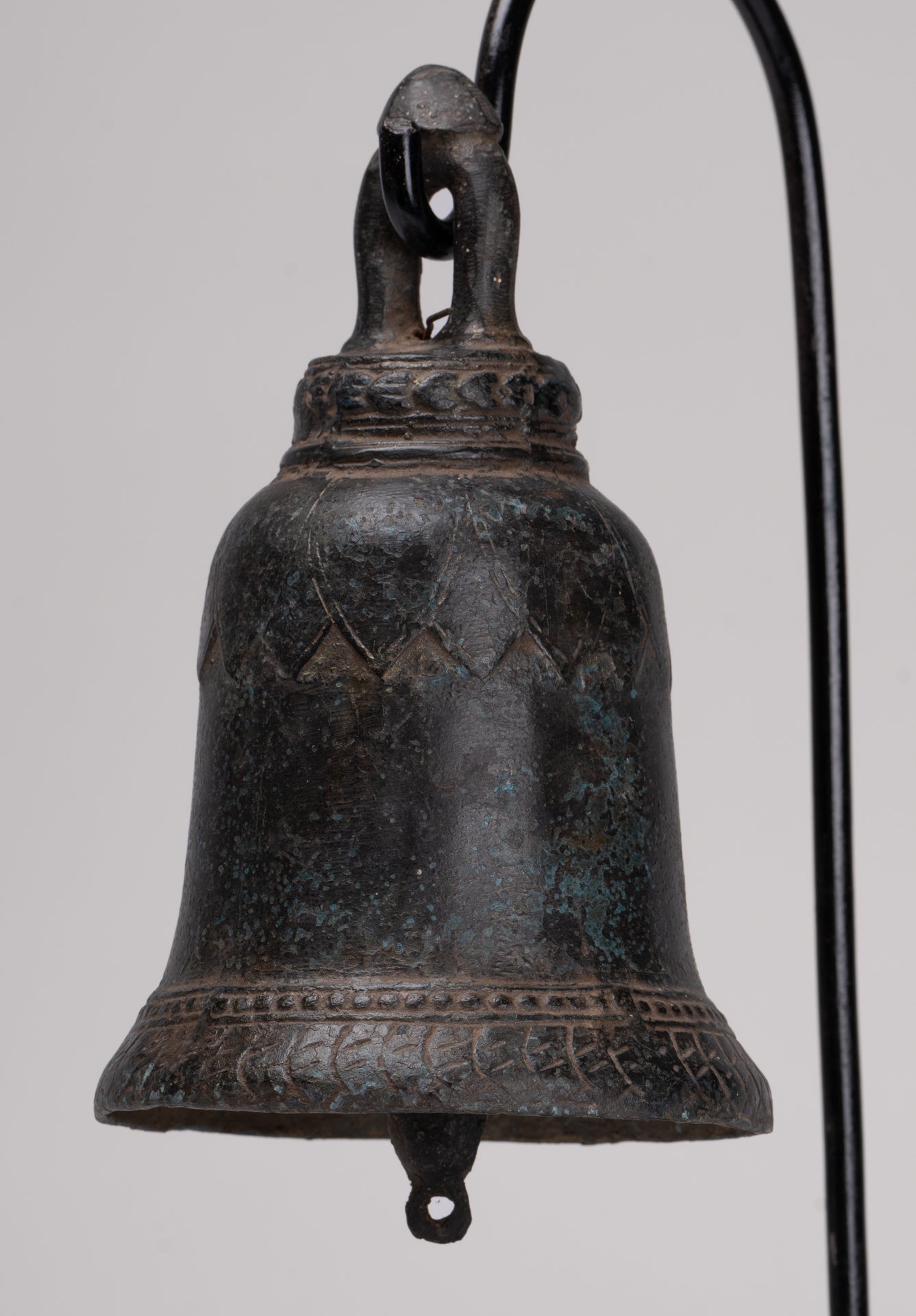 Antique Khmer Style Bronze Mounted Lotus Flower Bell - 29cm/12"