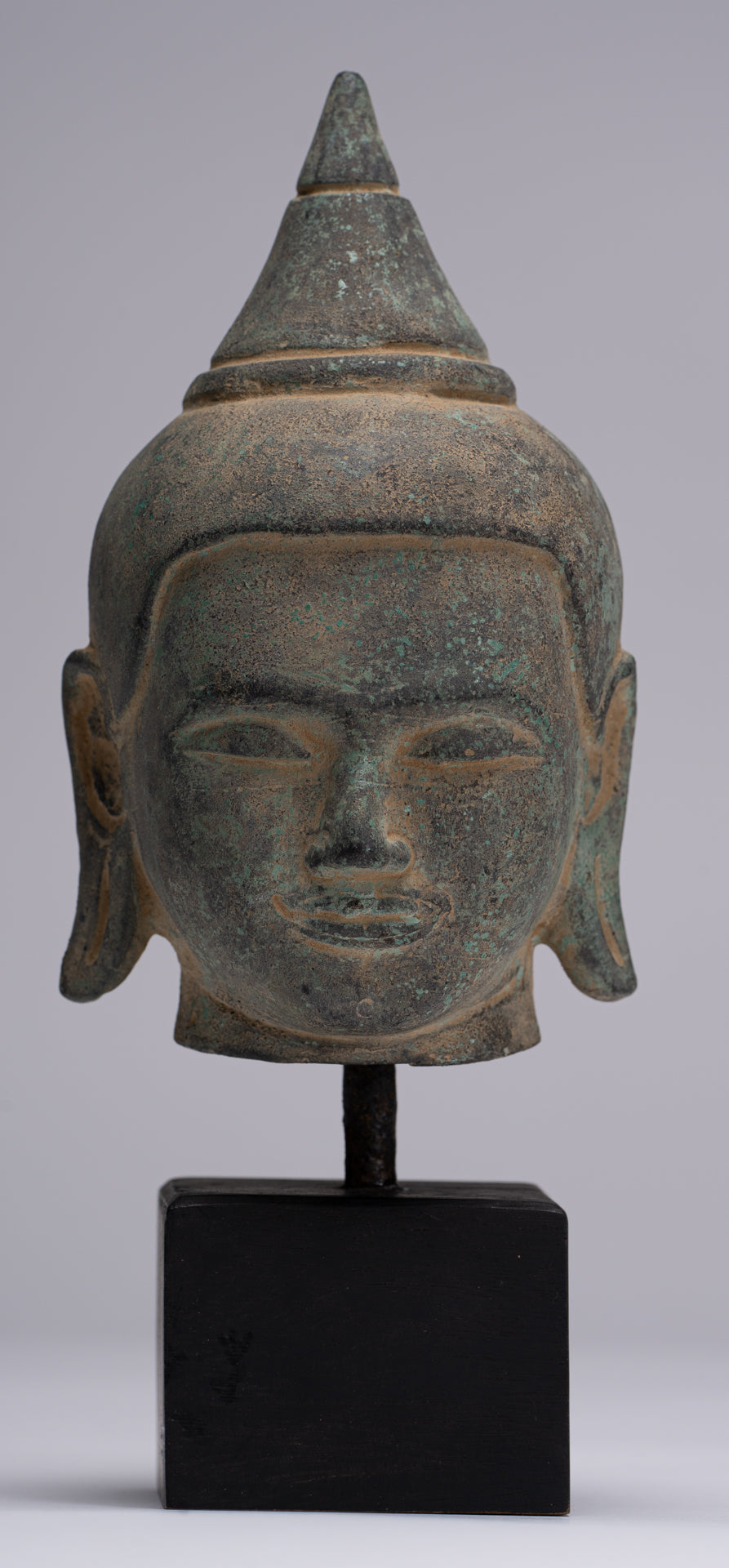 Buddha Statue - Antique Khmer Style Mounted Bronze Phnom Da Buddha Head Statue - 22cm/9"