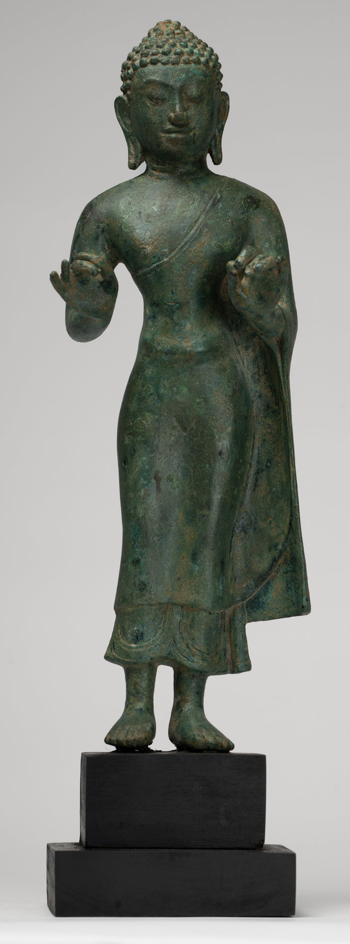 Buddha Statue - Antique Thai Style Standing Bronze Mon Dvaravati Teaching Buddha Statue - 35cm/14"