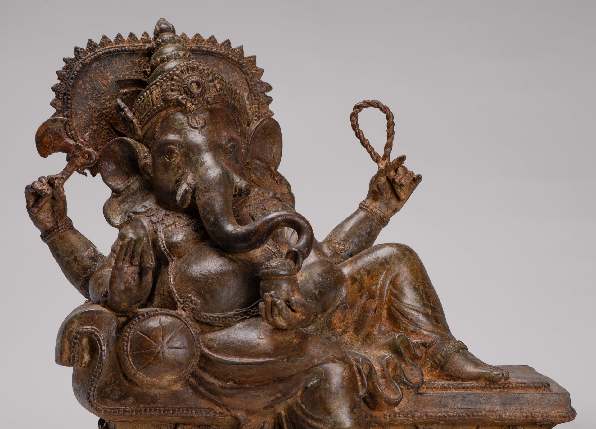 Ganesh - Antique Thai Style Bronze Reclining Ganesha Statue w/Mouse - 41cm/16"