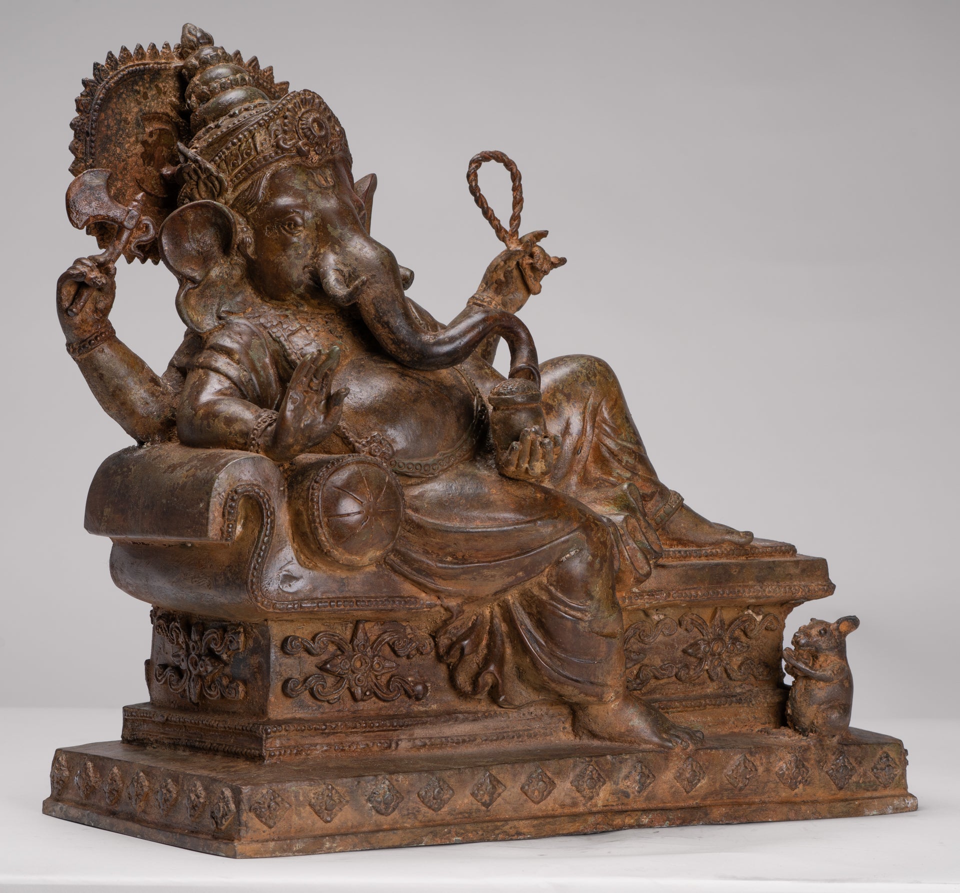 Ganesh - Antique Thai Style Bronze Reclining Ganesha Statue w/Mouse - 41cm/16"
