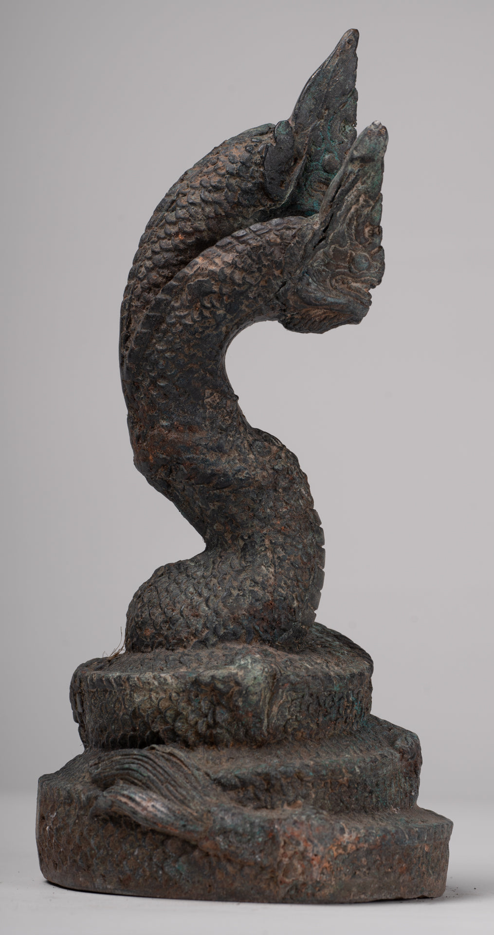 Antique Thai Style Bronze Three Head Protective Naga, Snake or Serpent Statue - 28cm/11"