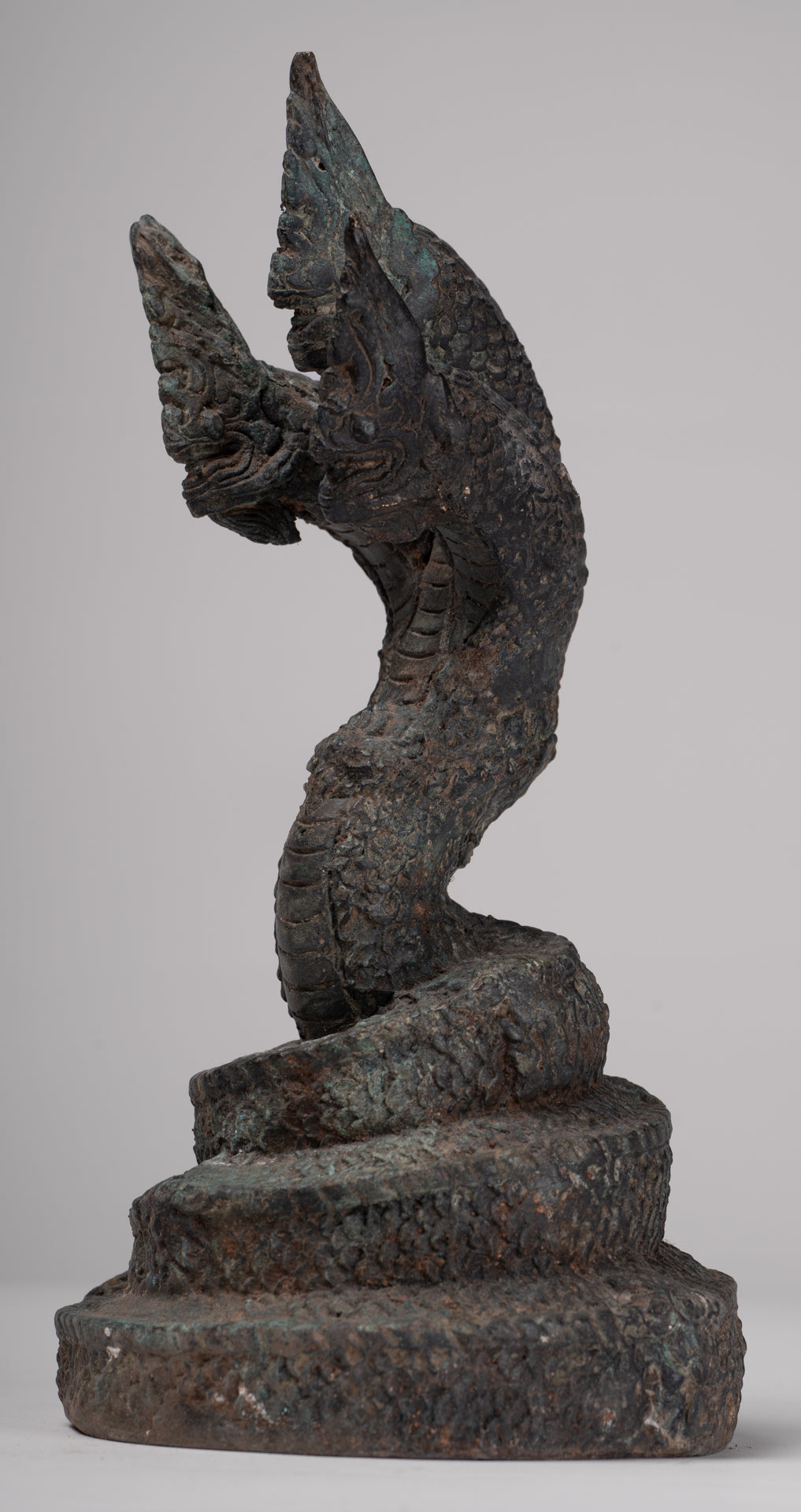 Antique Thai Style Bronze Three Head Protective Naga, Snake or Serpent Statue - 28cm/11"