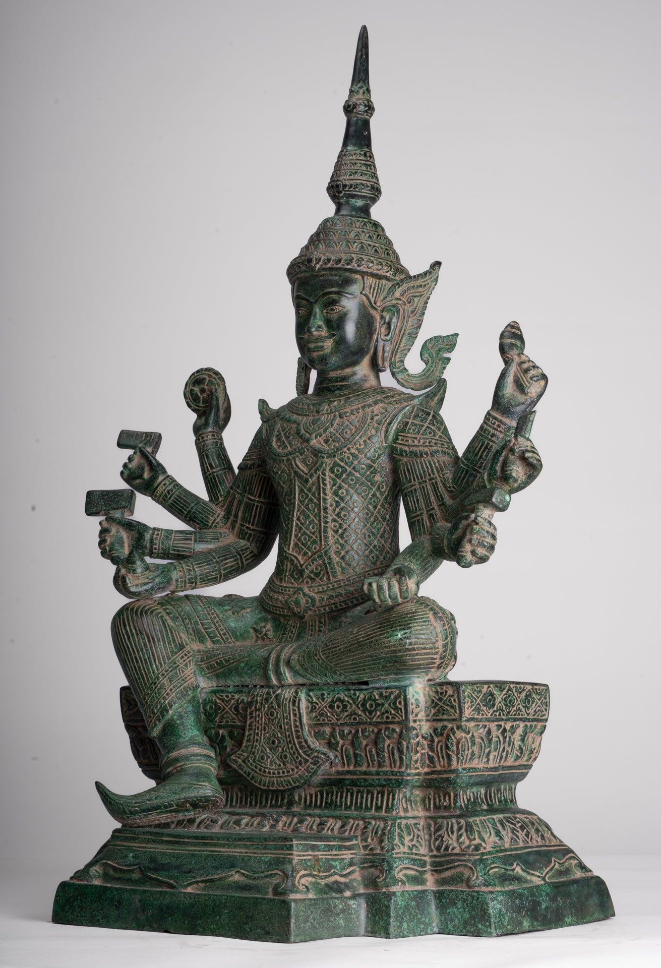 Antique Khmer Style Bronze Seated Vishvakarman Statue - Divine Architect - 59cm/24"