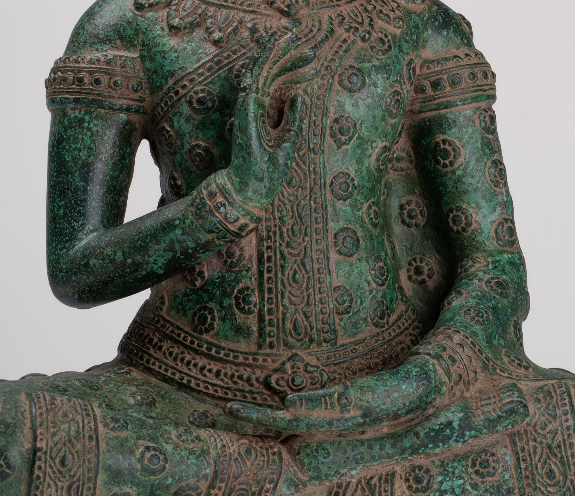 Buddha Statue - Antique Khmer Style Bronze Buddha Statue Dharmachakra Teaching Mudra - 36cm/14"
