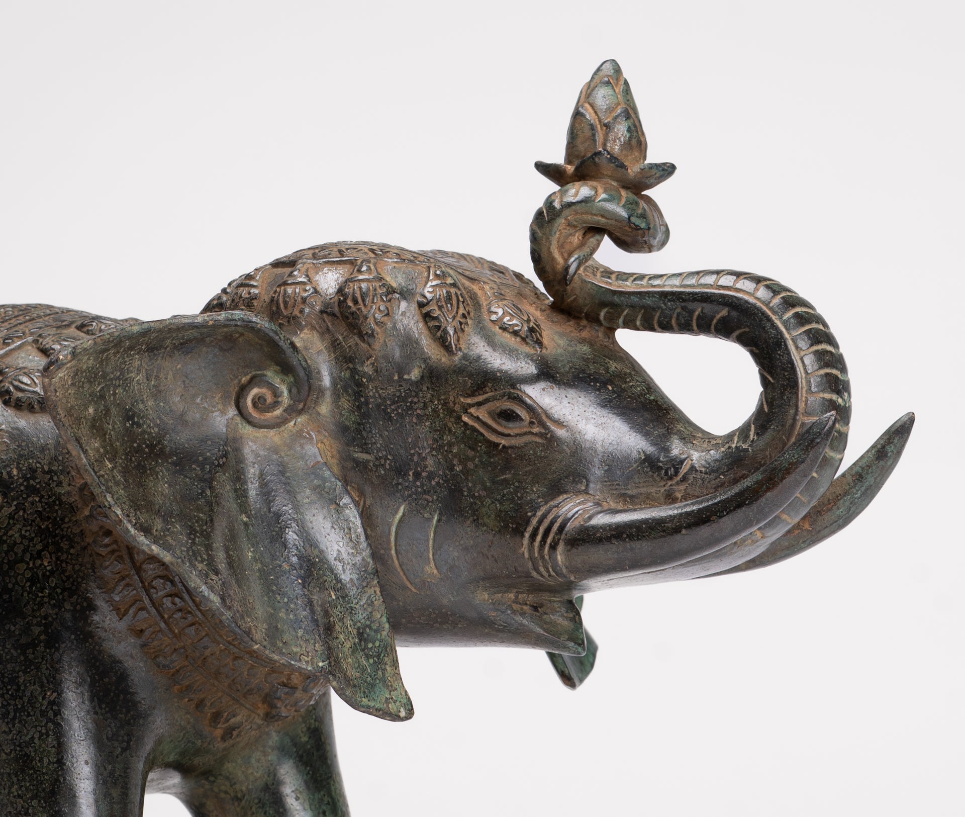 Antique Khmer Style Bronze Trumpeting Elephant Statue - 25cm/10" Tall