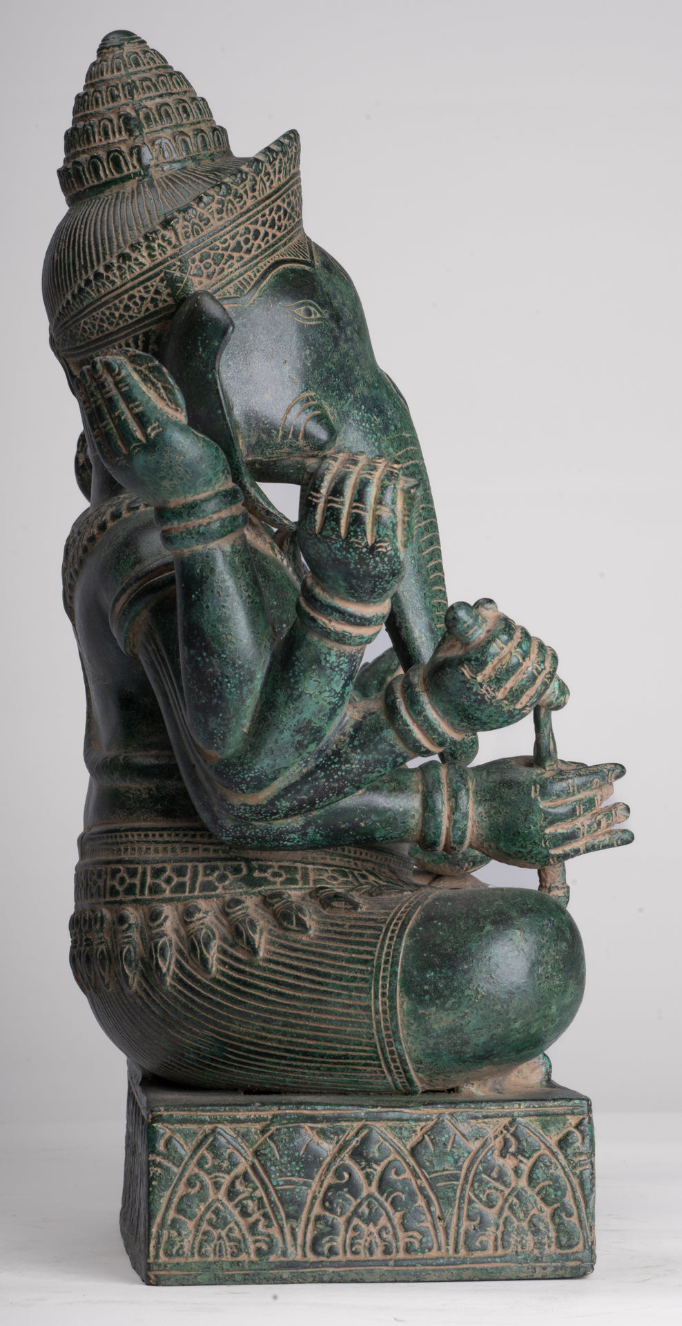 Ganesha Statue - Antique Khmer Style Enthroned Angkor Wat 8 Arm Ganesh Statue - 40cm/16"
