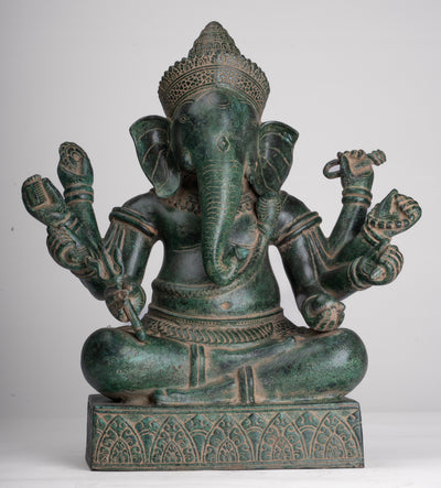 Ganesha Statue - Antique Khmer Style Enthroned Angkor Wat 8 Arm Ganesh Statue - 40cm/16"