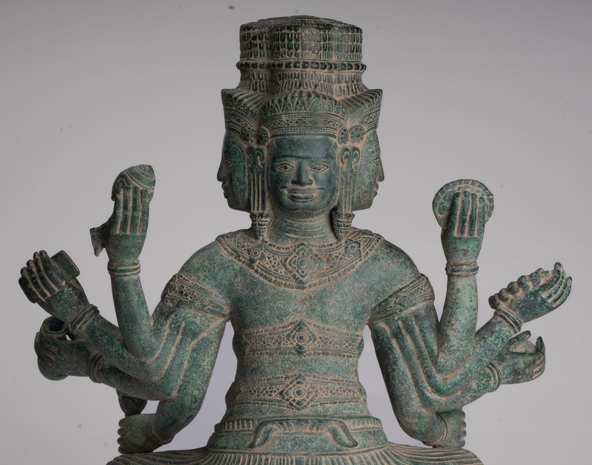 Brahma Statue - Antique Khmer Style Bronze 8 Arm Bayon Brahma - Hindu God Creation - 40cm/16"