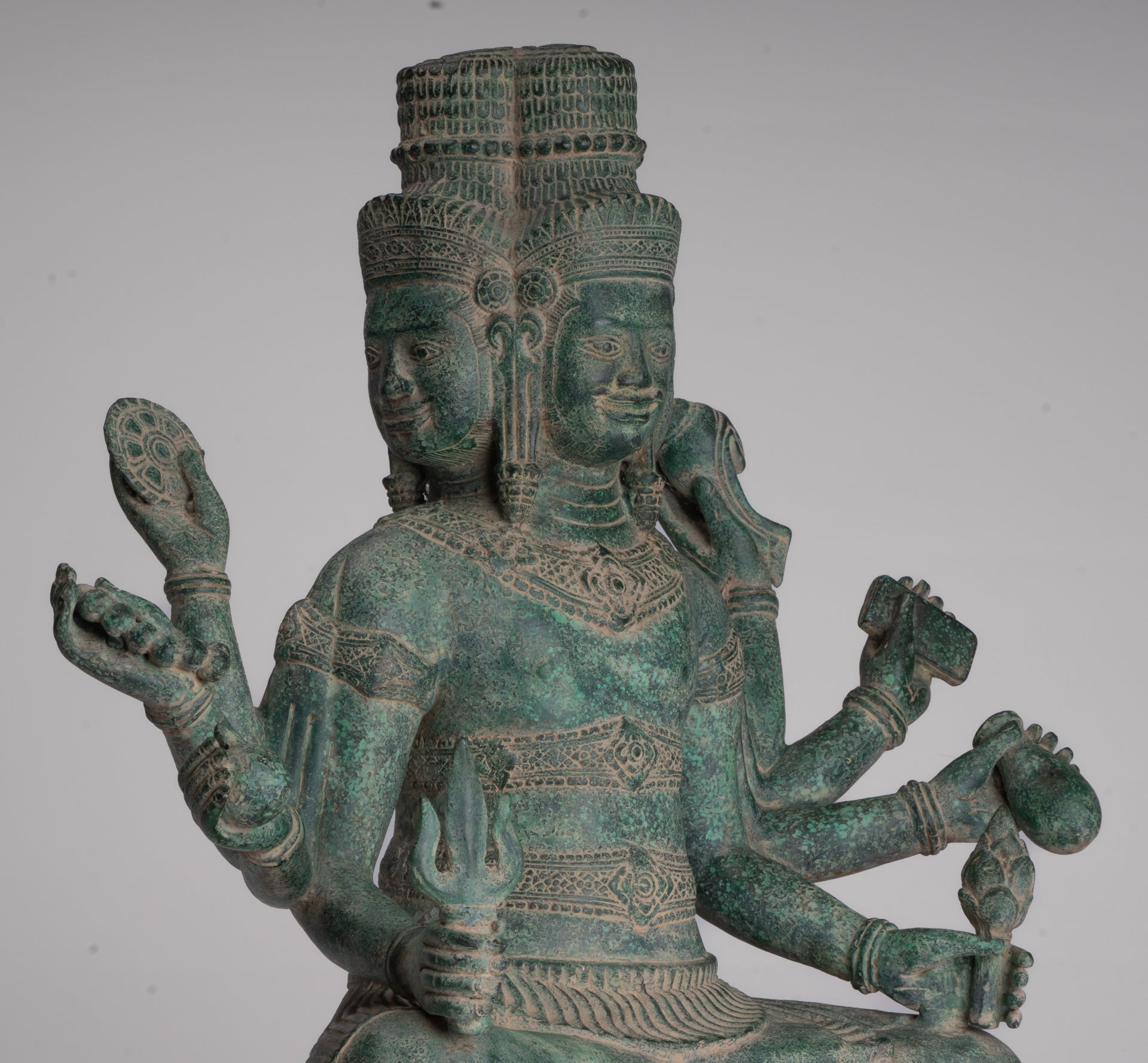 Brahma Statue - Antique Khmer Style Bronze 8 Arm Bayon Brahma - Hindu God Creation - 40cm/16"