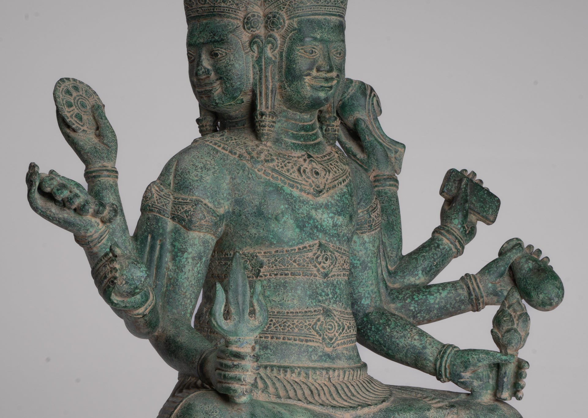 Brahma Statue - Antique Khmer Style Bronze 8 Arm Bayon Brahma - Hindu God Creation - 40cm/16"