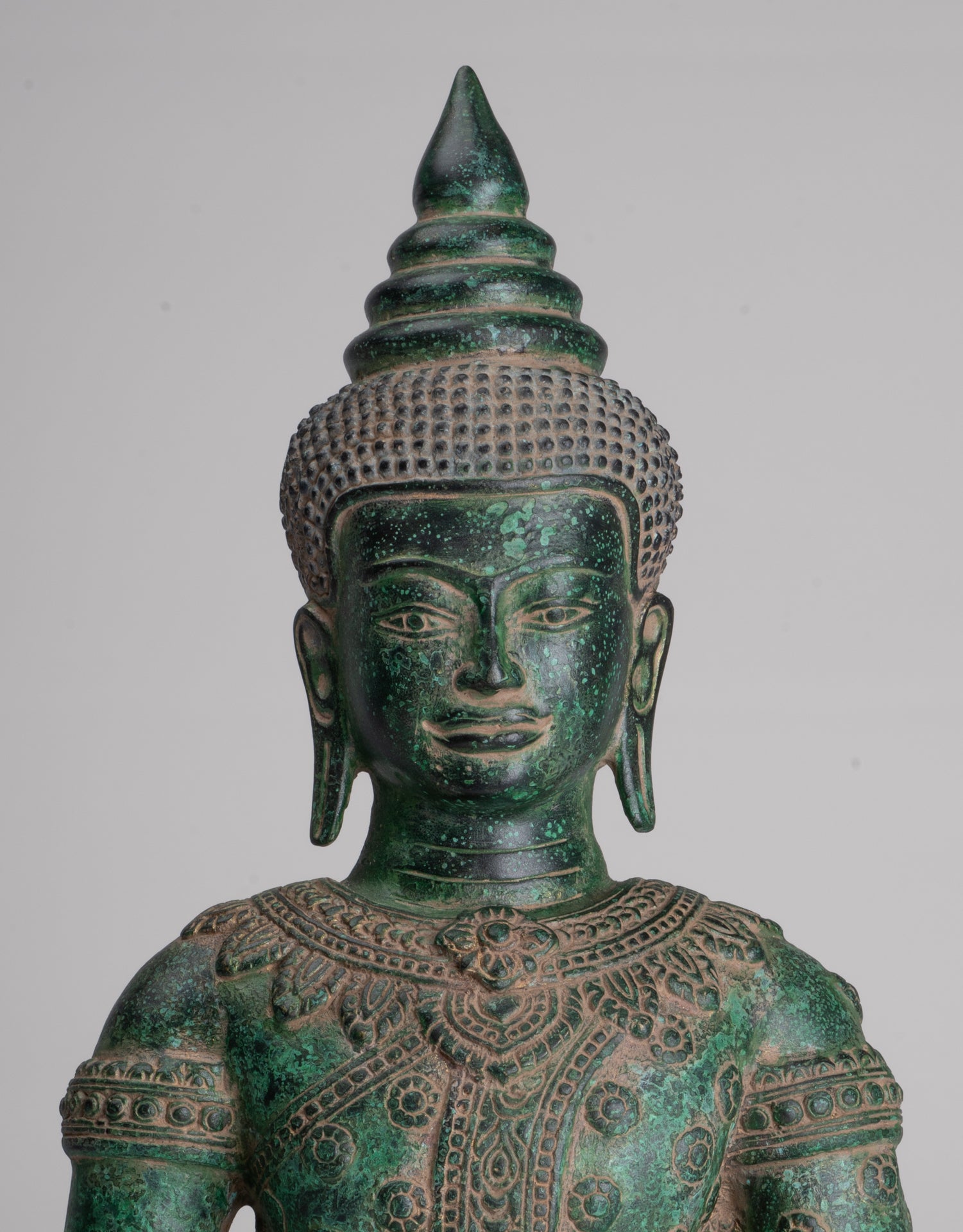 Buddha Statue - Antique Khmer Style Bronze Seated Enlightenment Buddha Statue - 37cm/15"