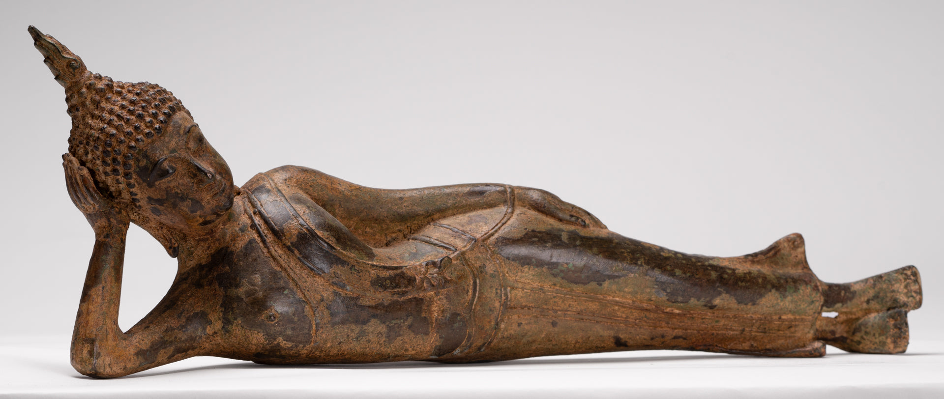Buddha Statue - Antique Thai Style Bronze Sukhothai Reclining Nirvana Buddha Statue - 43cm/17"