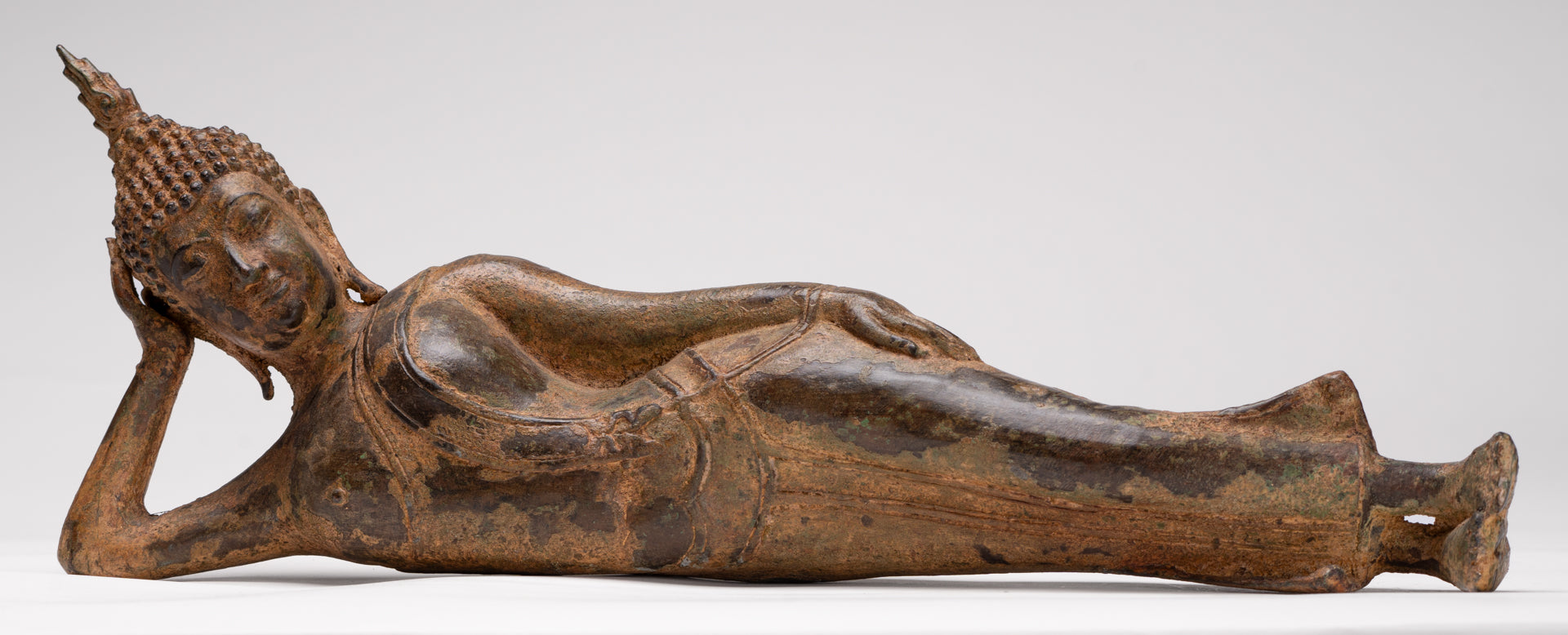 Buddha Statue - Antique Thai Style Bronze Sukhothai Reclining Nirvana Buddha Statue - 43cm/17"