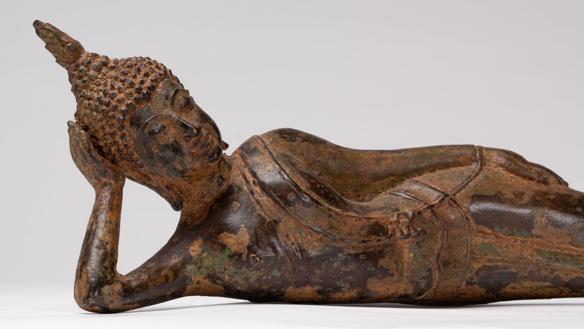 Buddha Statue - Antique Thai Style Bronze Sukhothai Reclining Nirvana Buddha Statue - 43cm/17"