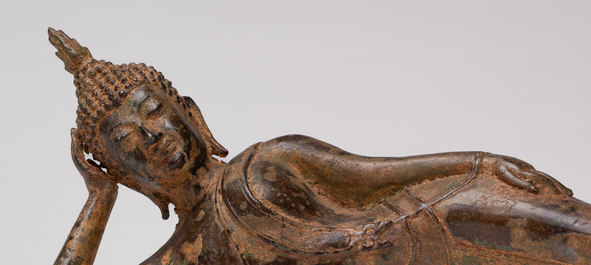 Buddha Statue - Antique Thai Style Bronze Sukhothai Reclining Nirvana Buddha Statue - 43cm/17"