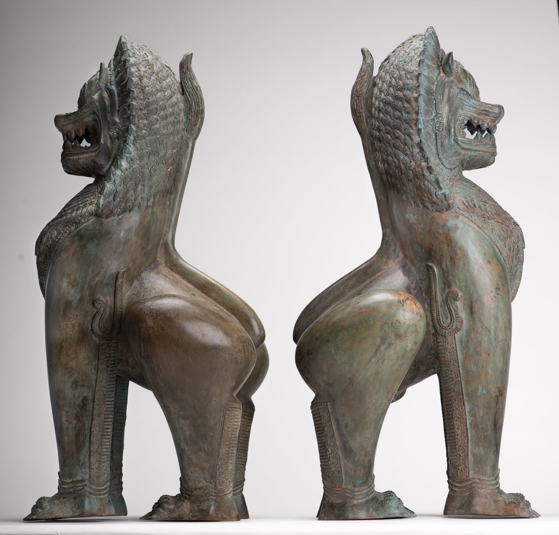 Temple Lion - Antique Thai Style Bronze Standing Singha Temple Guardians or Lions - 61cm/24" (Pair)