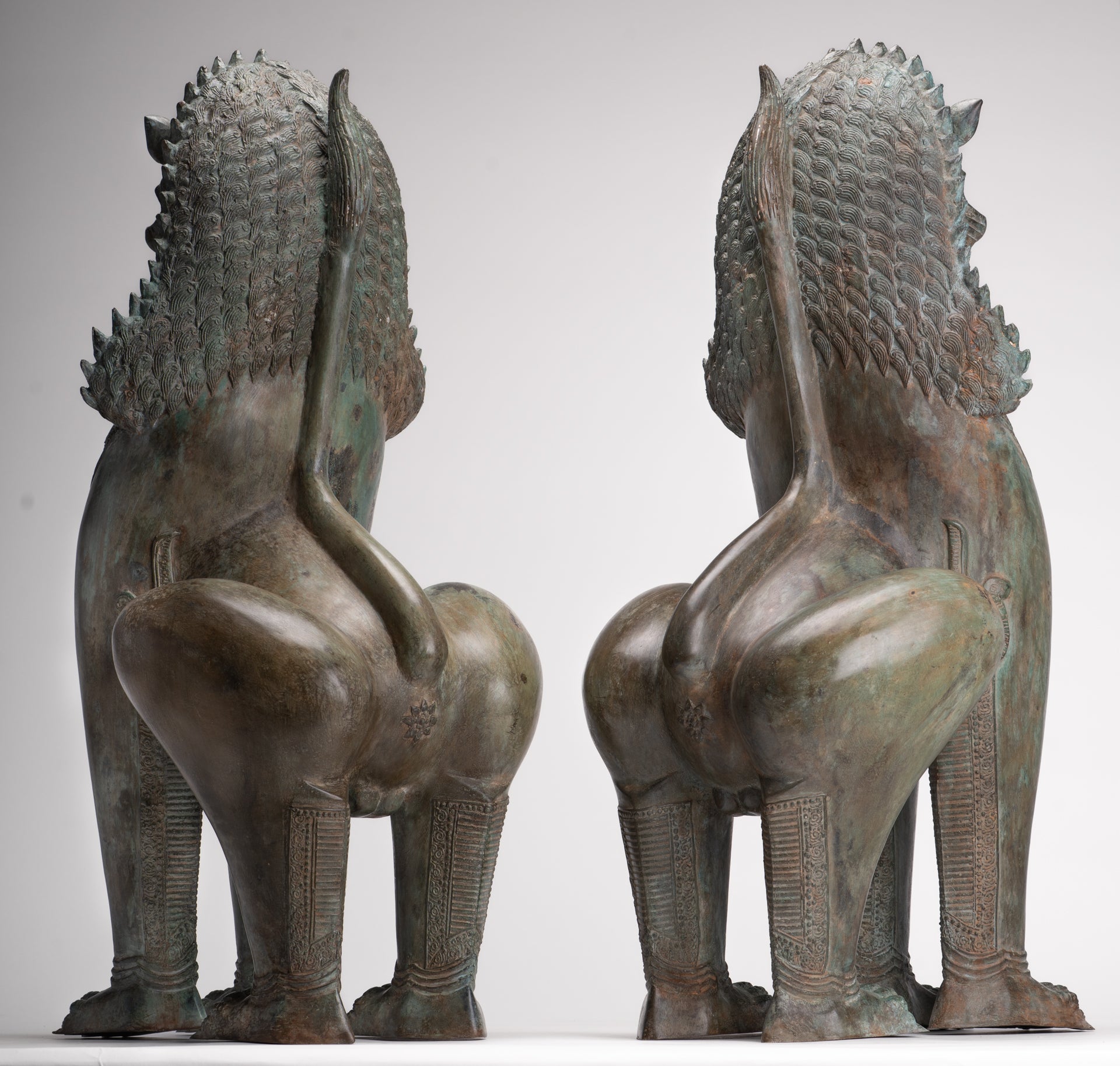 Temple Lion - Antique Thai Style Bronze Standing Singha Temple Guardians or Lions - 61cm/24" (Pair)