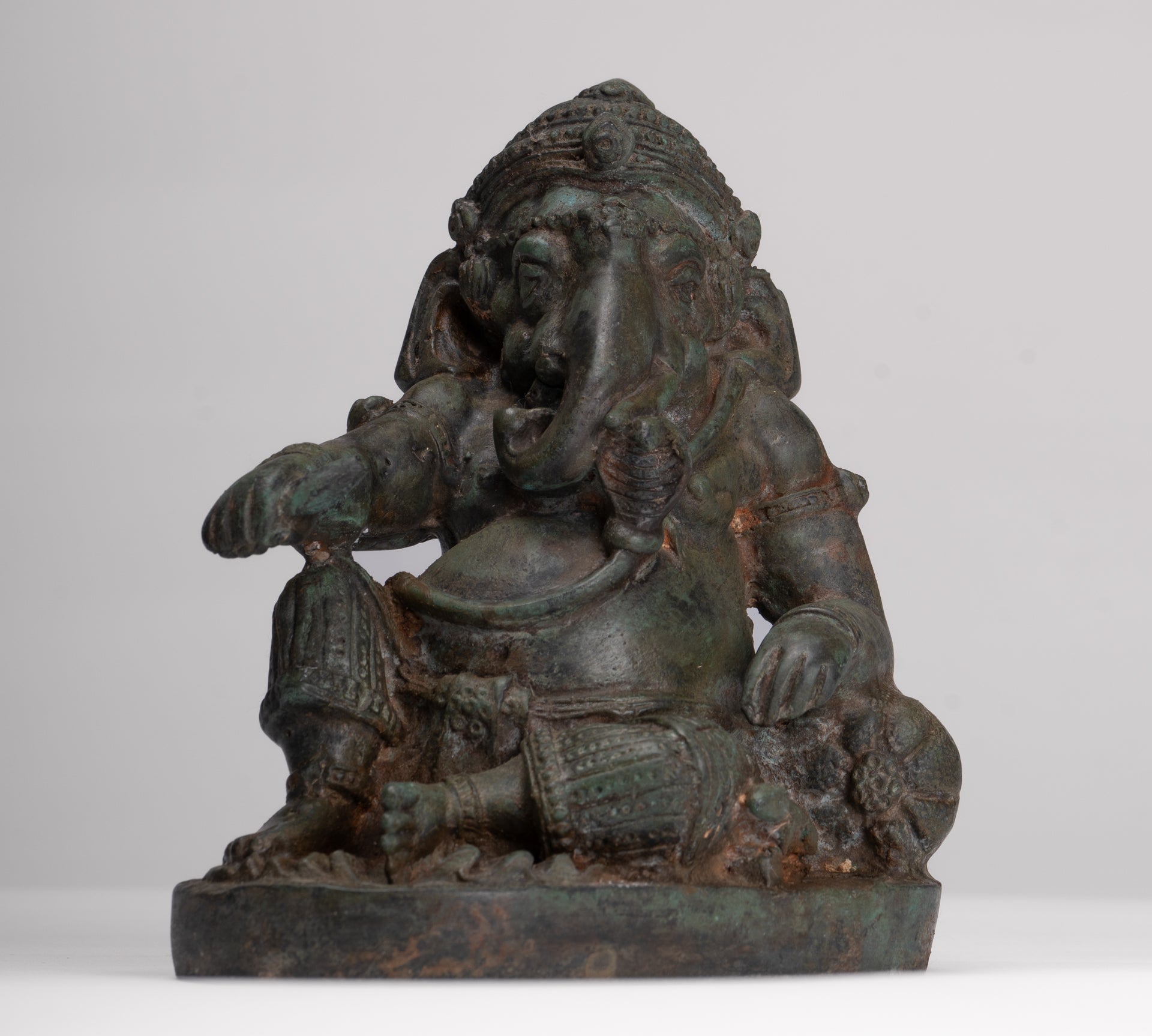 Ganesha Statue - Antique Thai Style Bronze Reclining Ganesha Statue - 17cm/7"