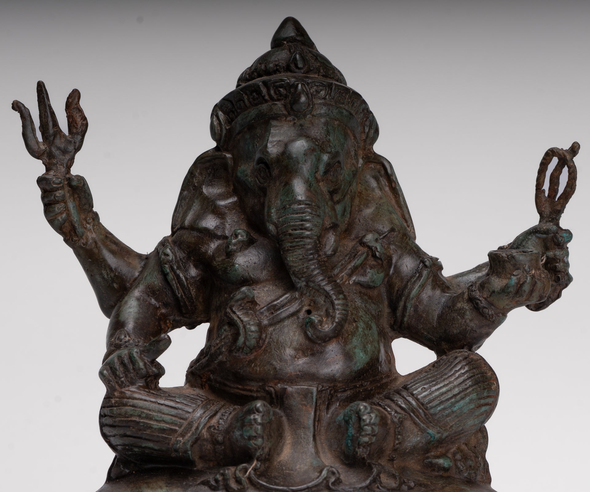 Ganesha Statue - Antique Thai Style Bronze Seated 4-Arm Ganesha Statue - 20cm/8"