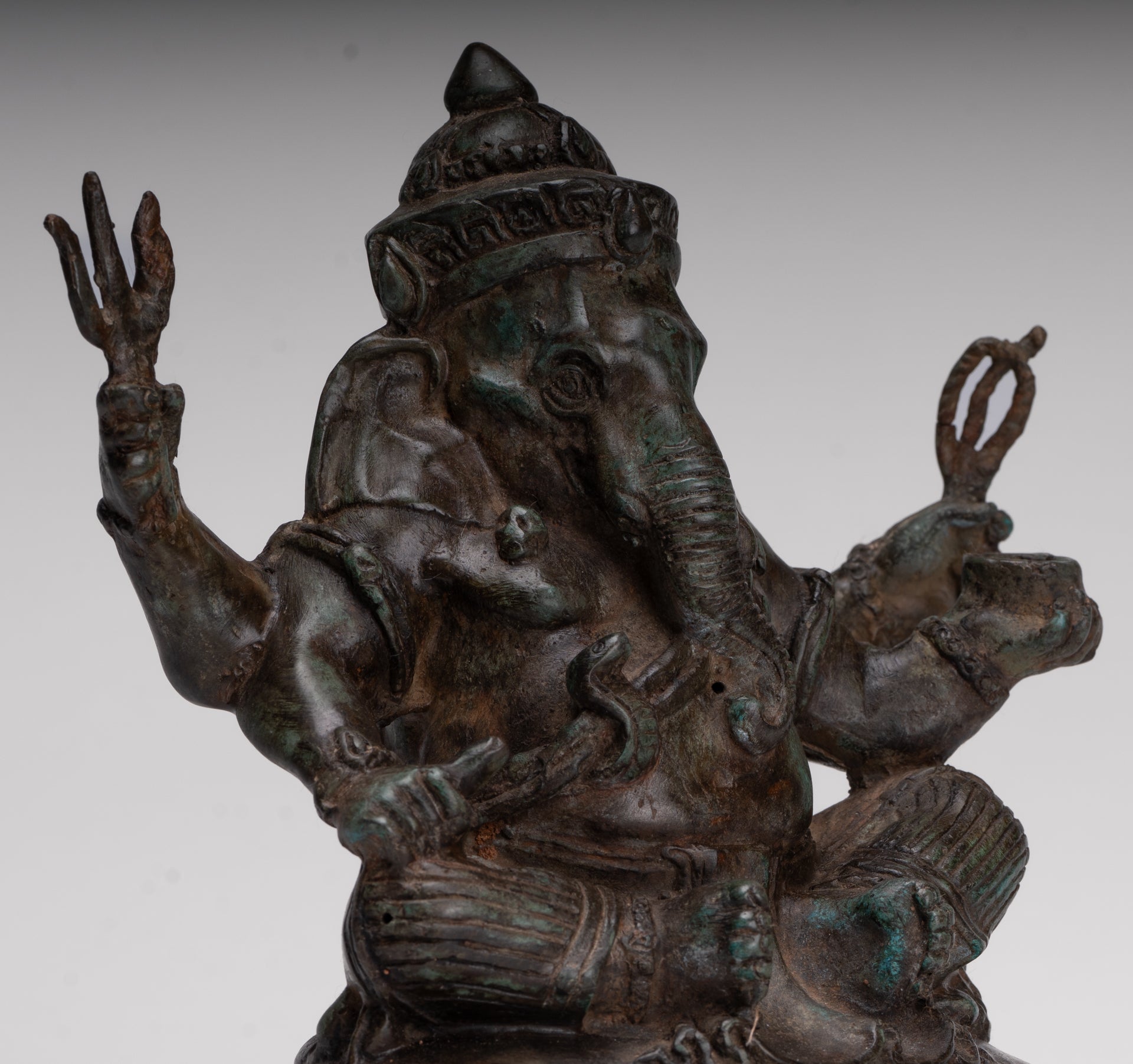 Ganesha Statue - Antique Thai Style Bronze Seated 4-Arm Ganesha Statue - 20cm/8"