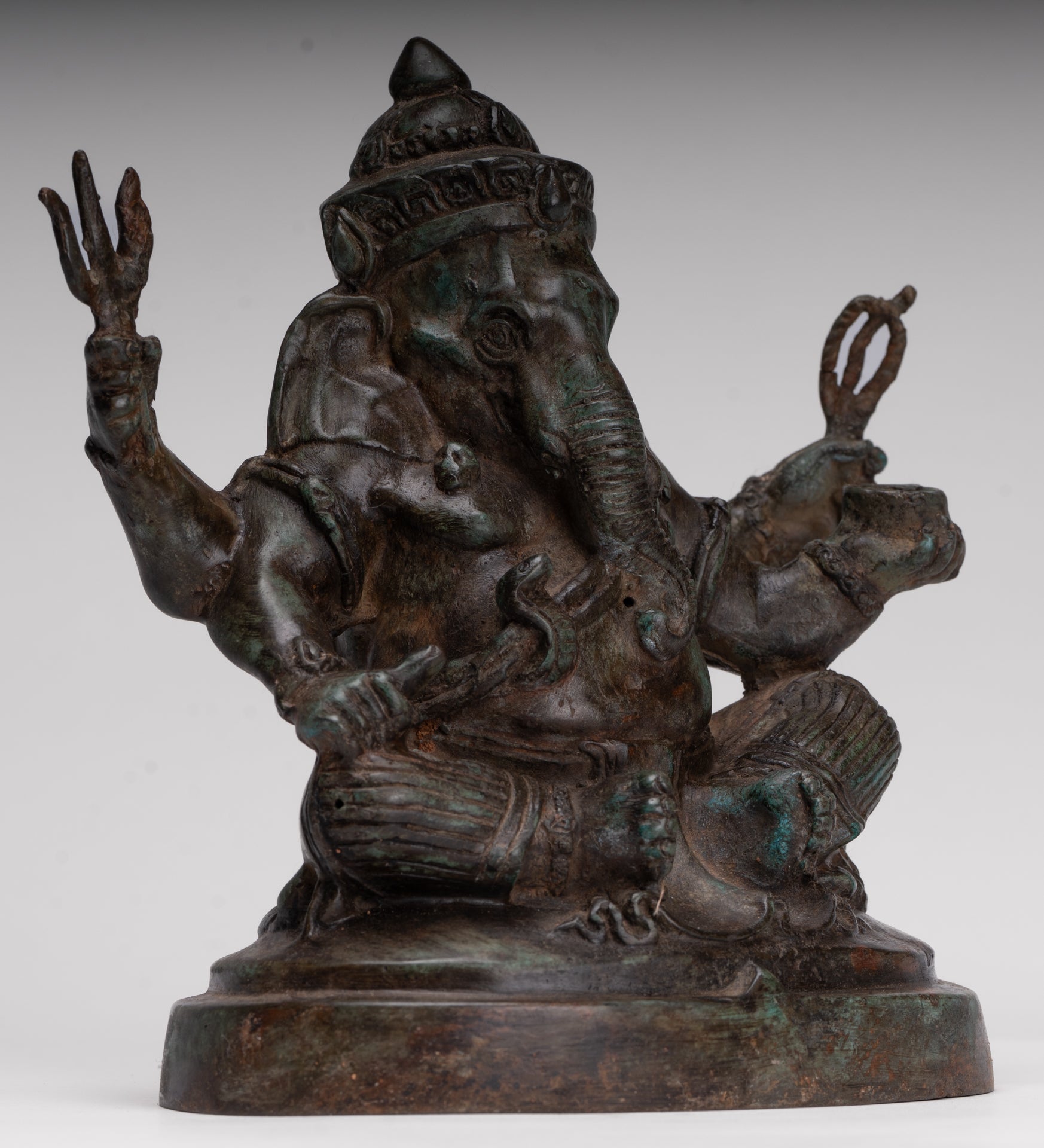 Ganesha Statue - Antique Thai Style Bronze Seated 4-Arm Ganesha Statue - 20cm/8"
