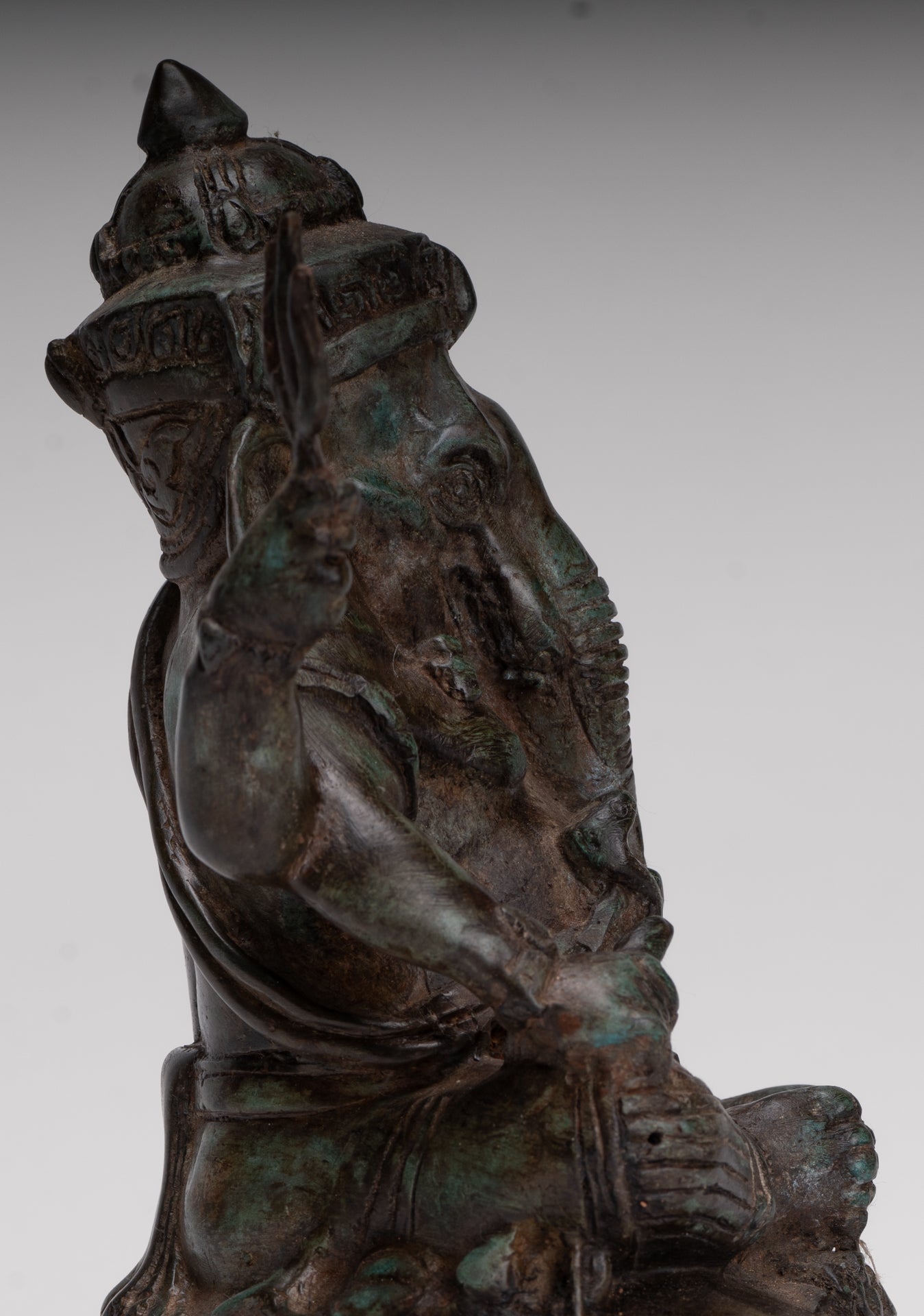 Ganesha Statue - Antique Thai Style Bronze Seated 4-Arm Ganesha Statue - 20cm/8"