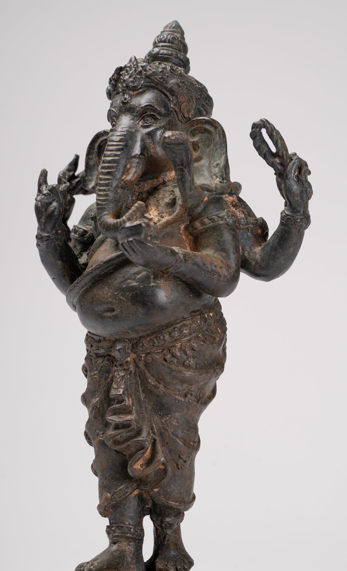 Ganesha Statue - Antique Thai Style Bronze Standing 4-Arm Ganesha Statue - 26cm/10"