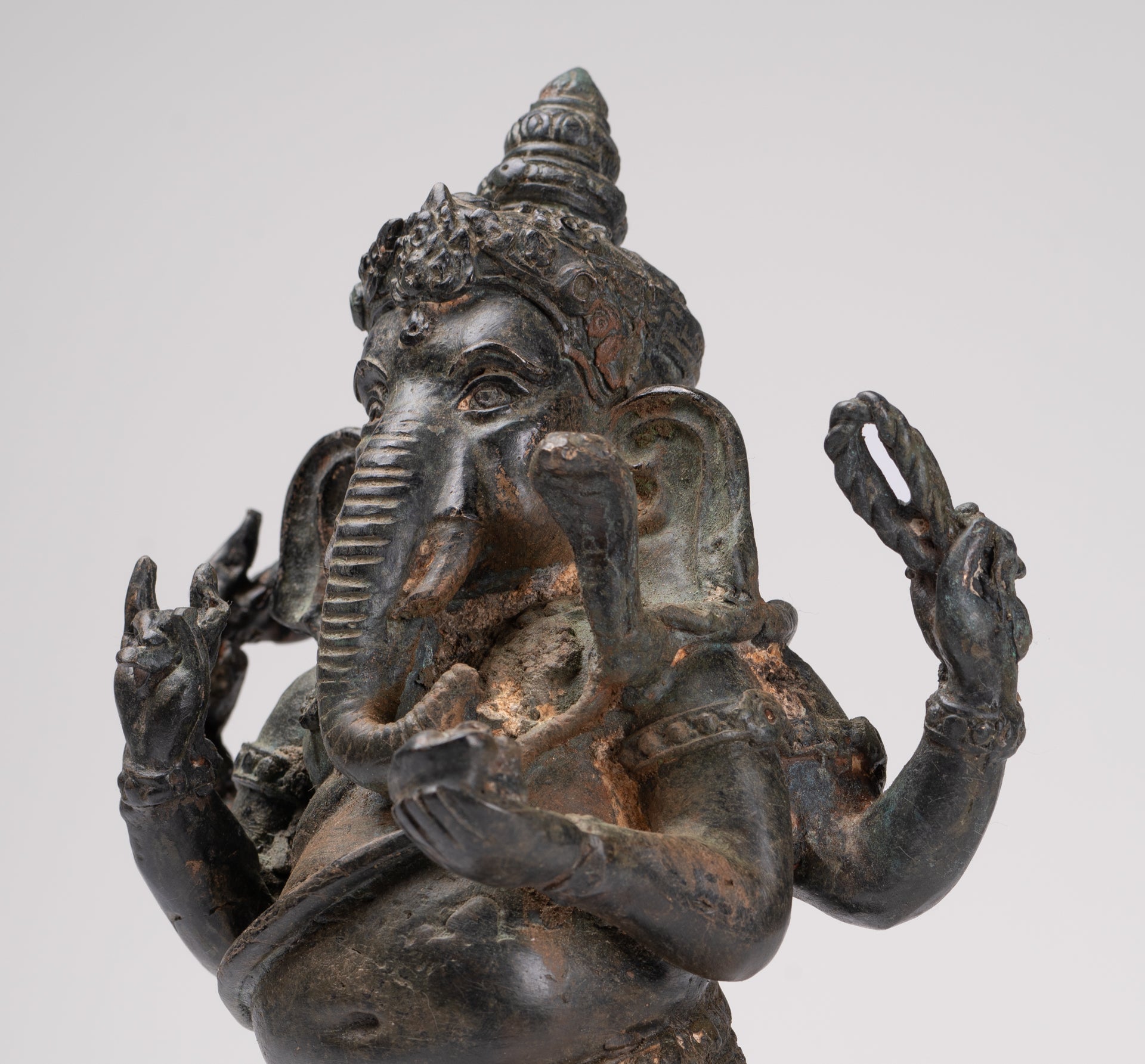 Ganesha Statue - Antique Thai Style Bronze Standing 4-Arm Ganesha Statue - 26cm/10"