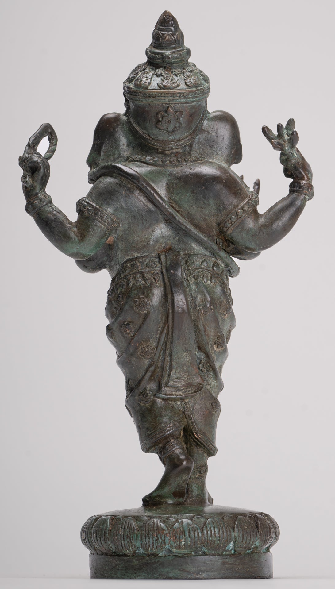 Ganesha Statue - Antique Thai Style Bronze Standing 4-Arm Ganesha Statue - 26cm/10"